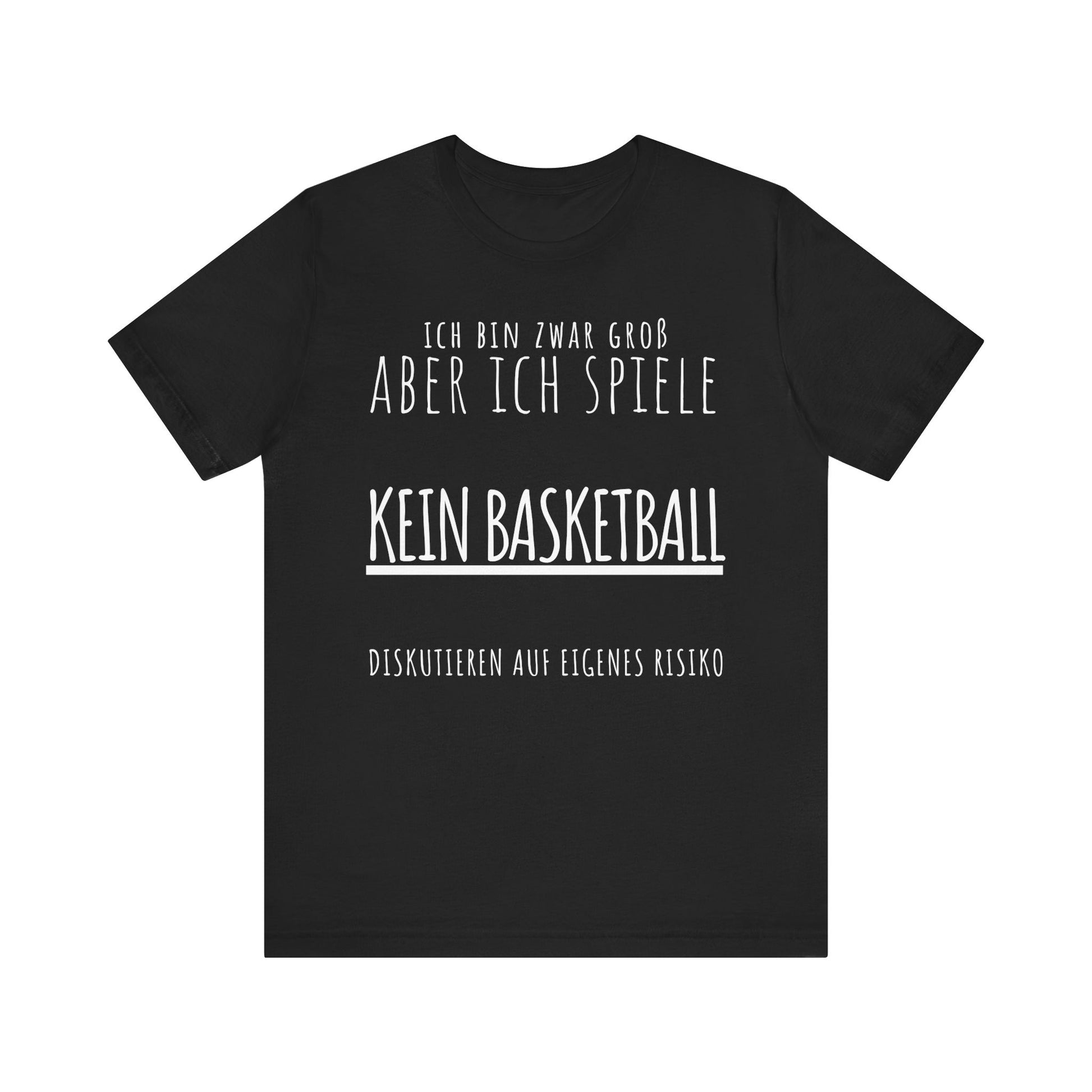 Black t-shirt with white text on a white background