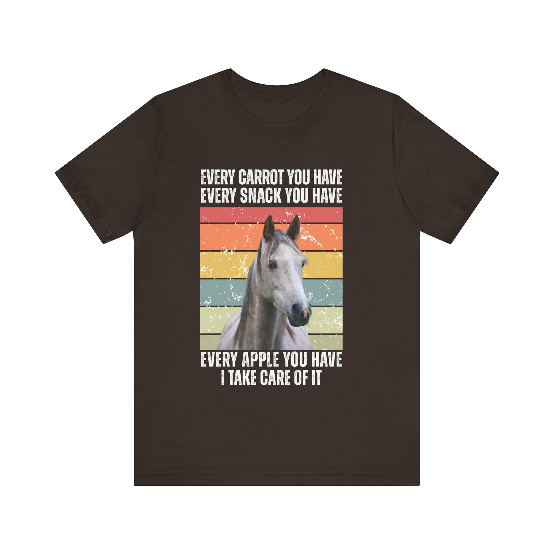 Brown t-shirt with a horse graphic and humorous text on a white background