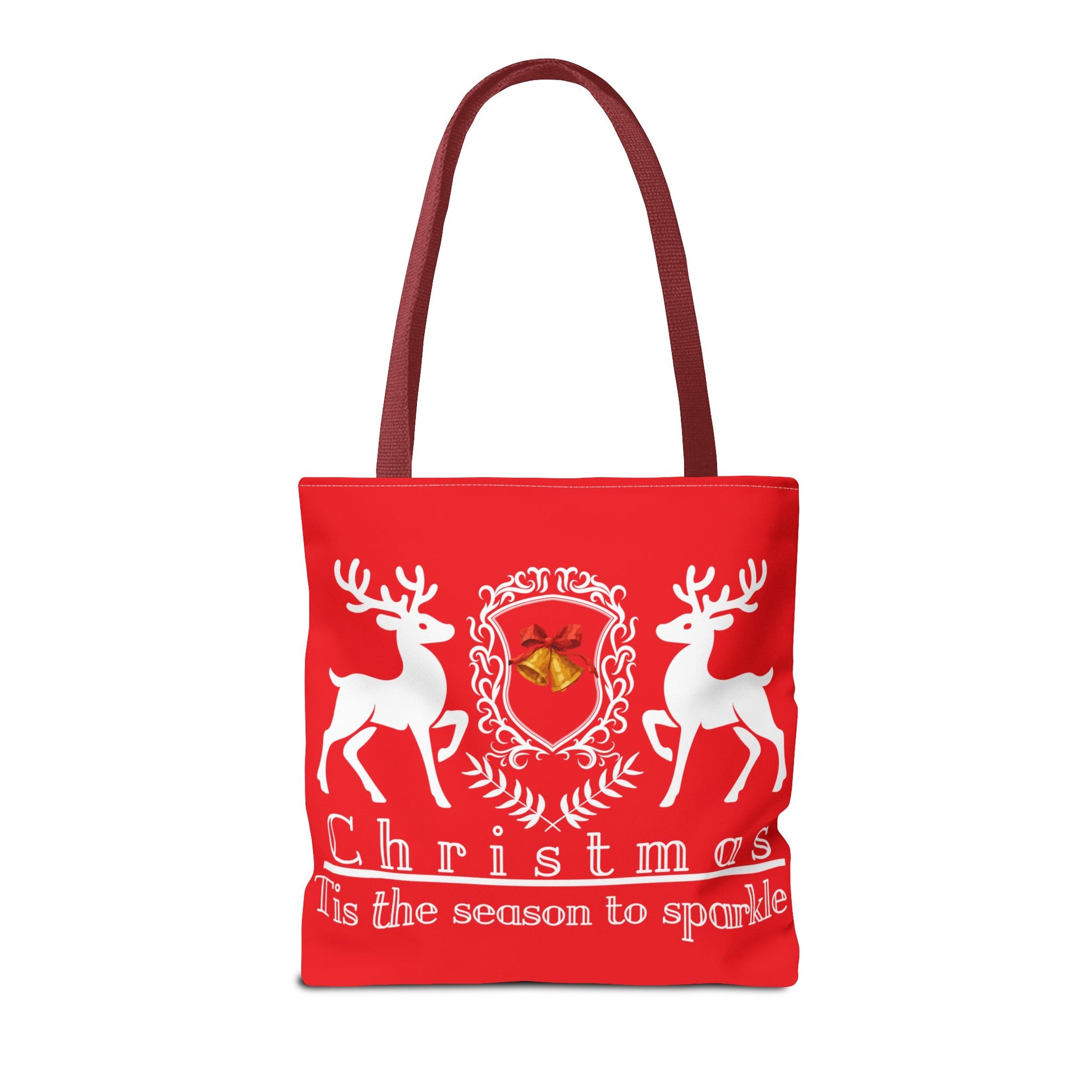 Red tote bag with white reindeer and Christmas text on a white background