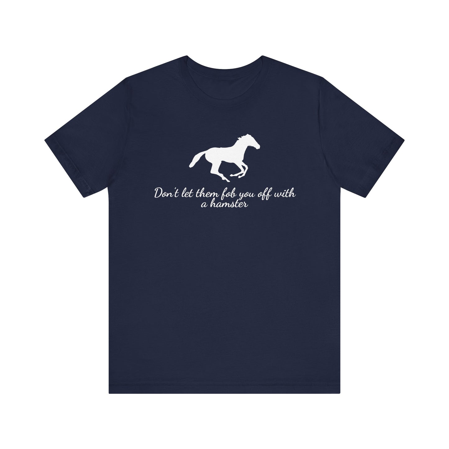Navy blue t-shirt with white horse graphic and text on a white background