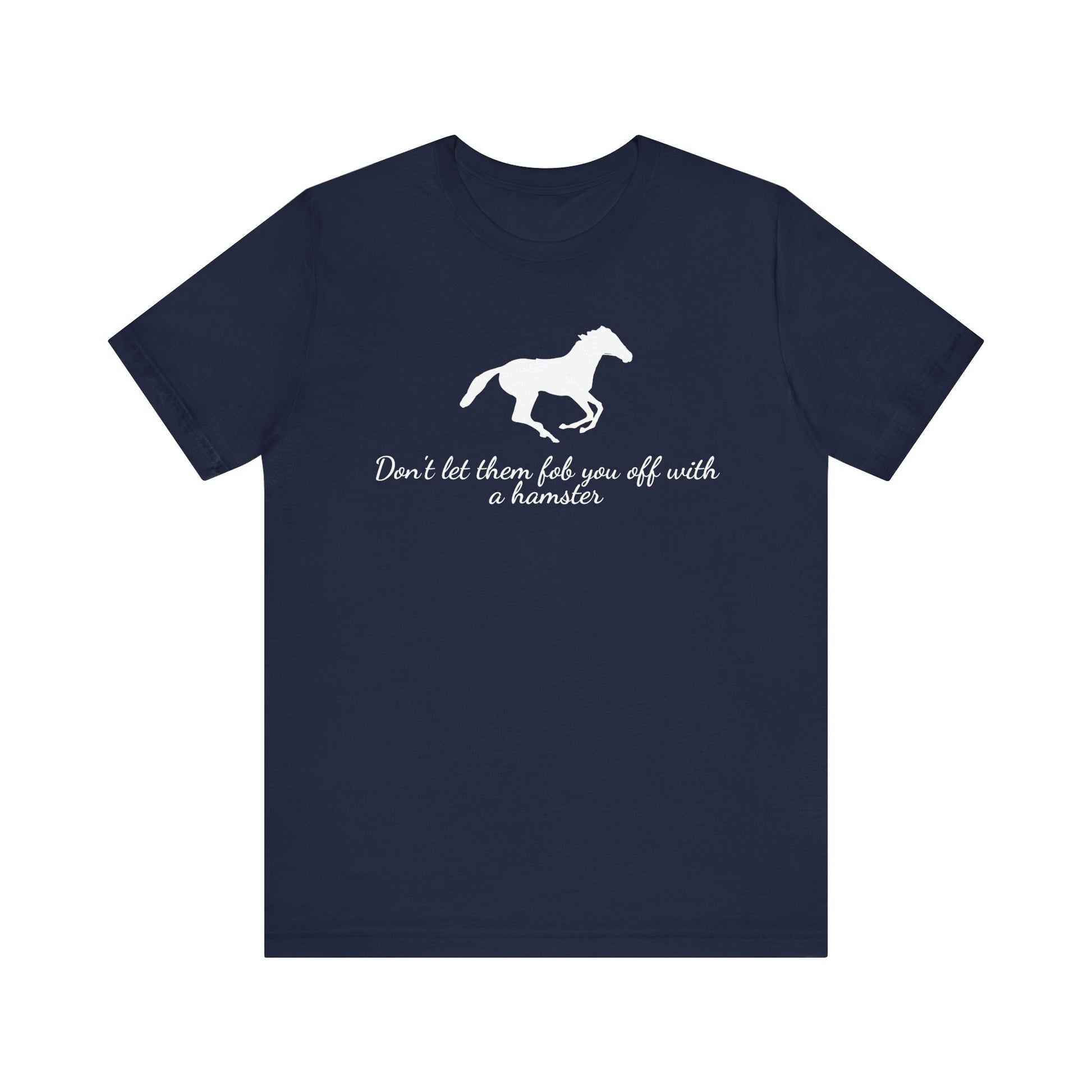 Navy blue t-shirt with white horse graphic and text on a white background