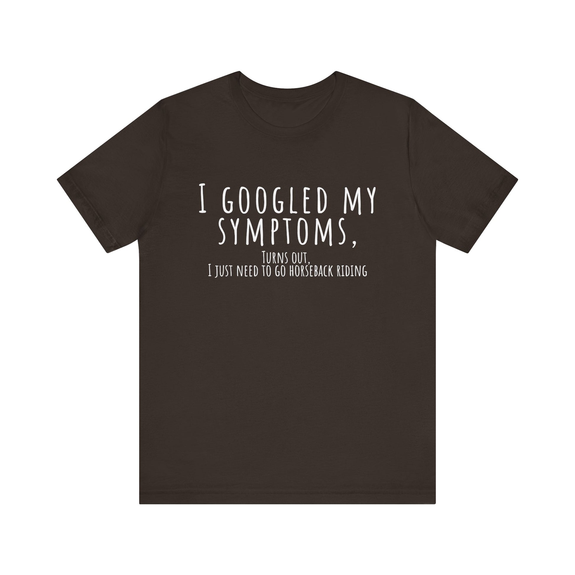 Brown t-shirt with humorous text on a white background