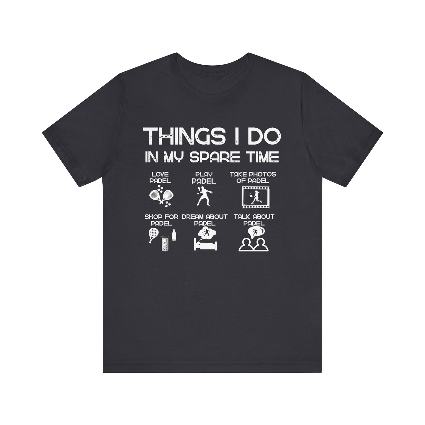 Black t-shirt with white text and icons on a white background