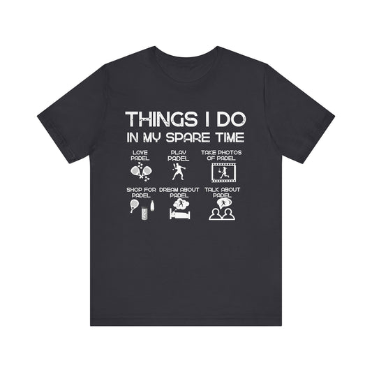 Black t-shirt with white text and icons on a white background