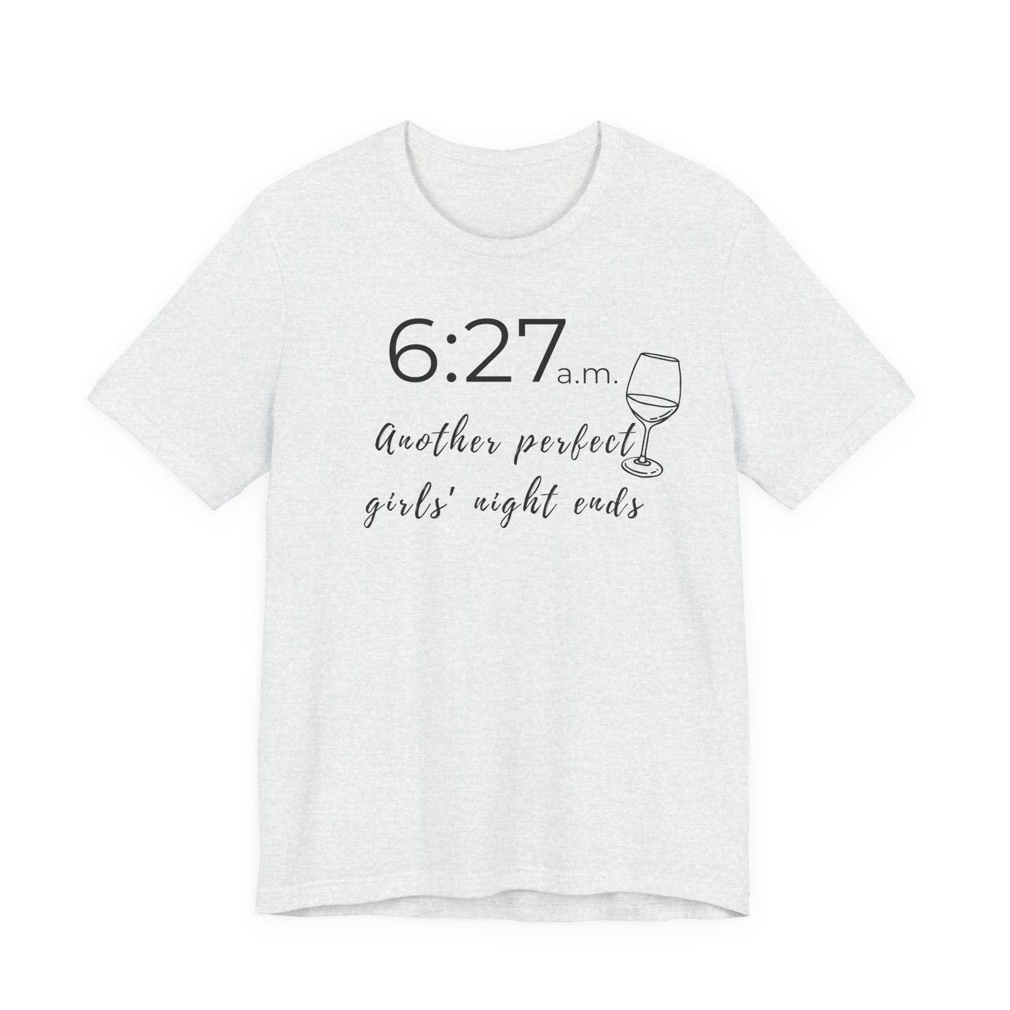 White t-shirt with text and wine glass graphic on a white background