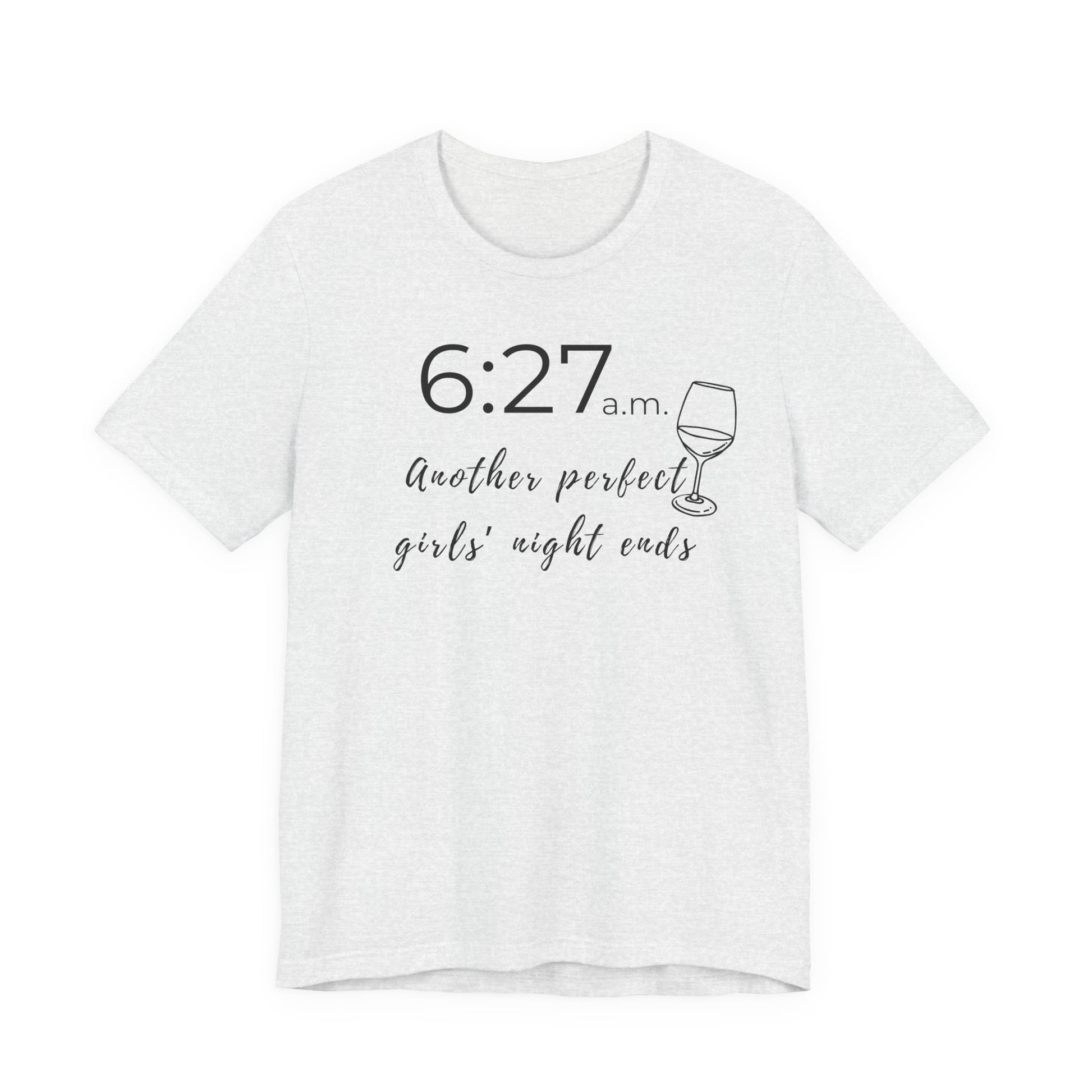 White t-shirt with text and wine glass graphic on a white background