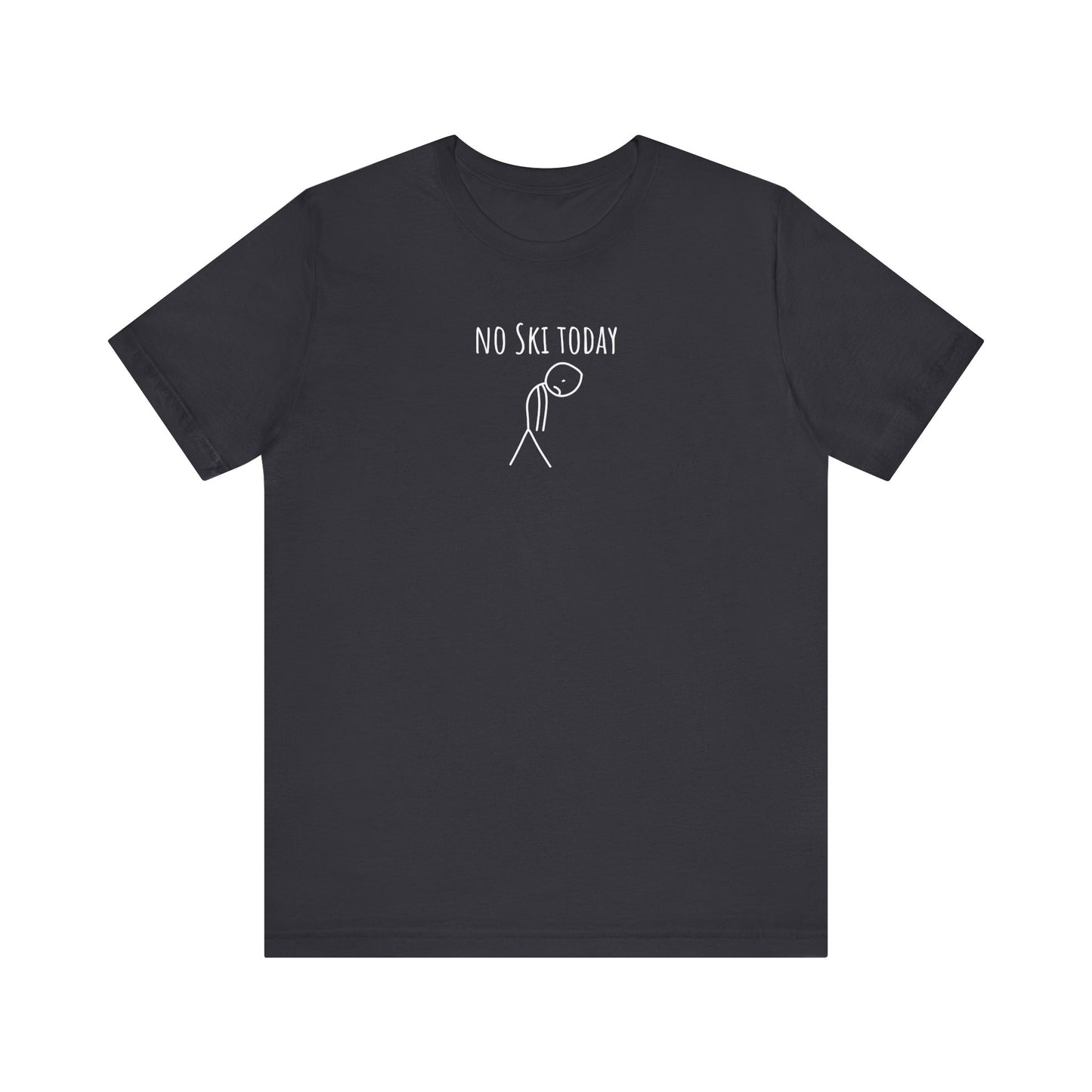 Black t-shirt with 'No Ski Today' text and stick figure graphic on a white background