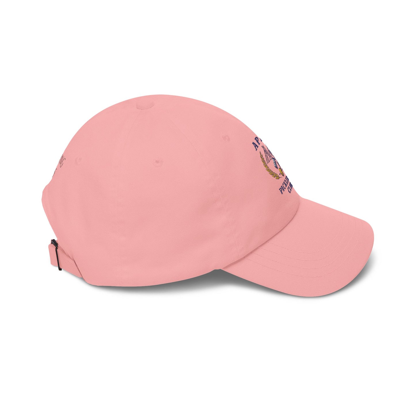 Pink baseball cap with a small logo on a white background