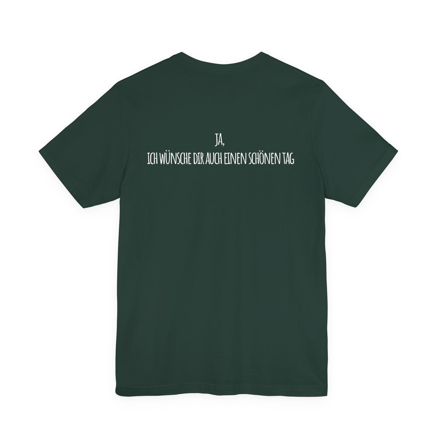 Green t-shirt with white text on the back against a white background