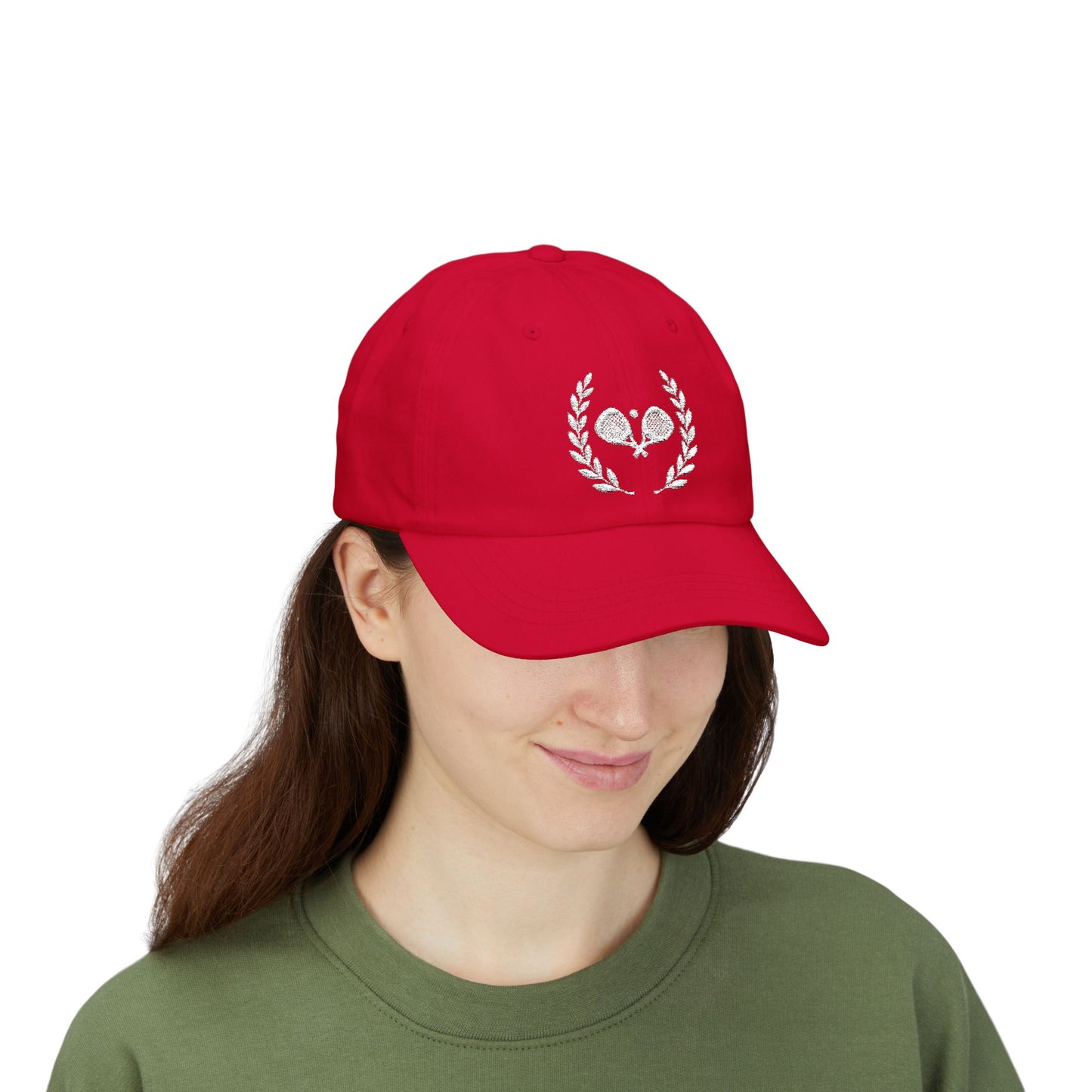 Padel Cap Person wearing a red cap with 'Dock Beer' text on a white background