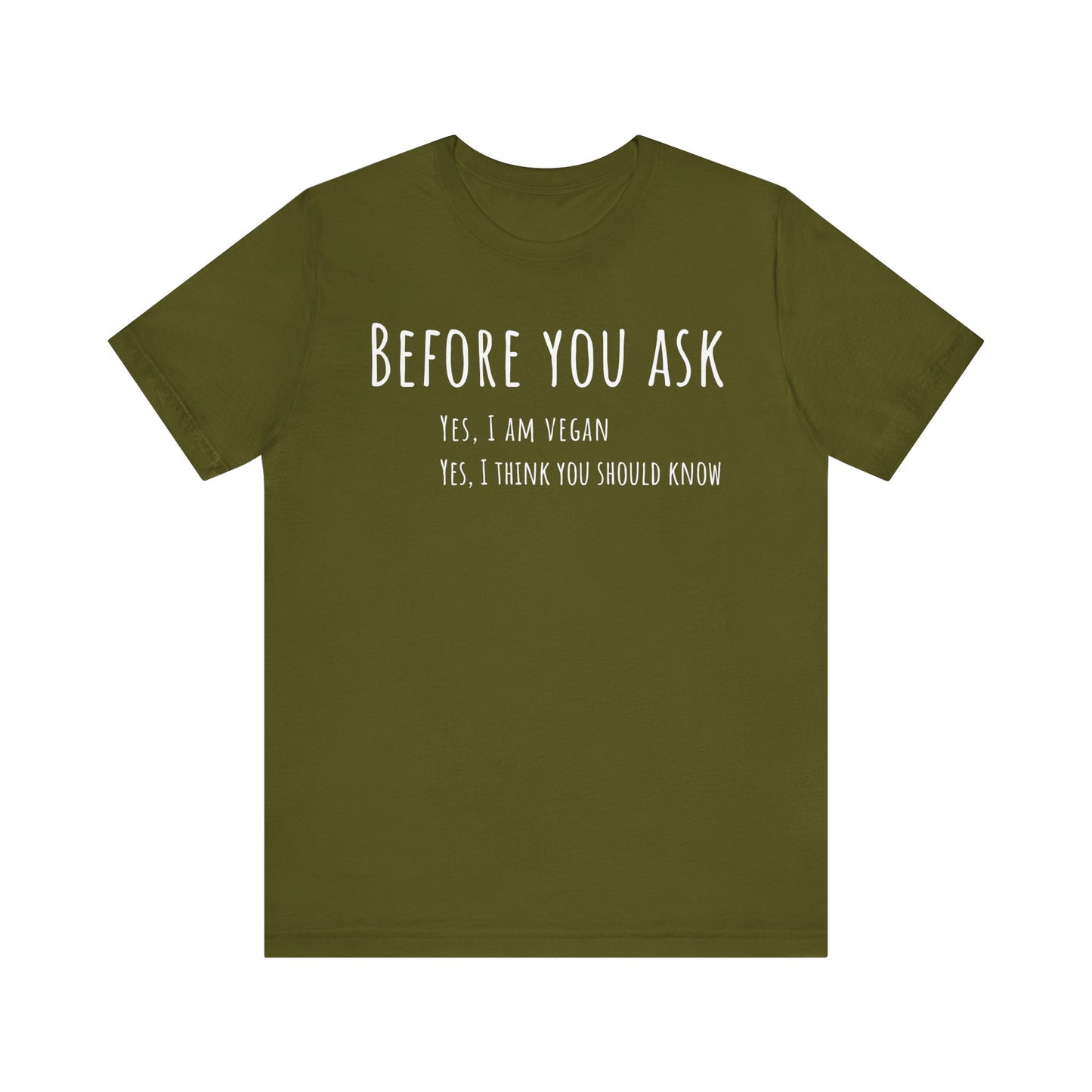 Green t-shirt with white text on a white background