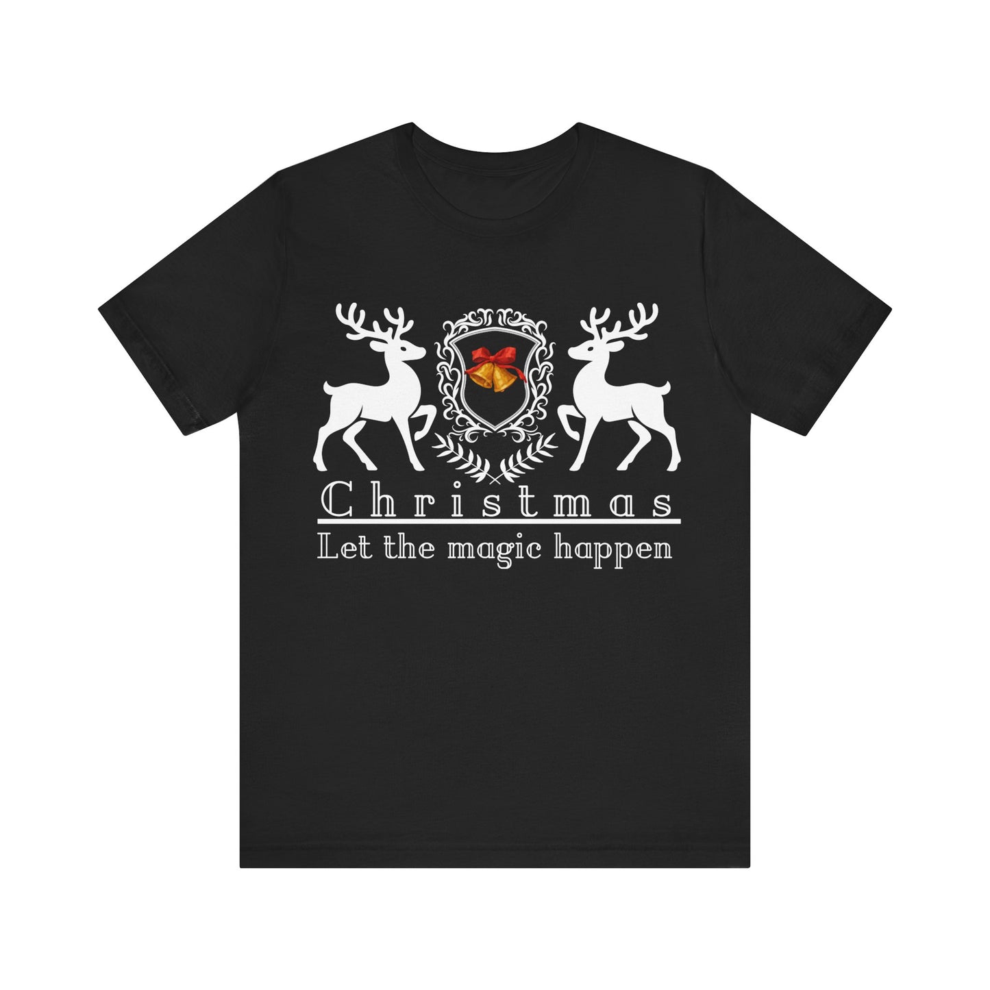 Black t-shirt with Christmas design featuring deer and text on a white background