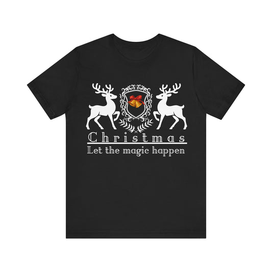 Black t-shirt with Christmas design featuring deer and text on a white background