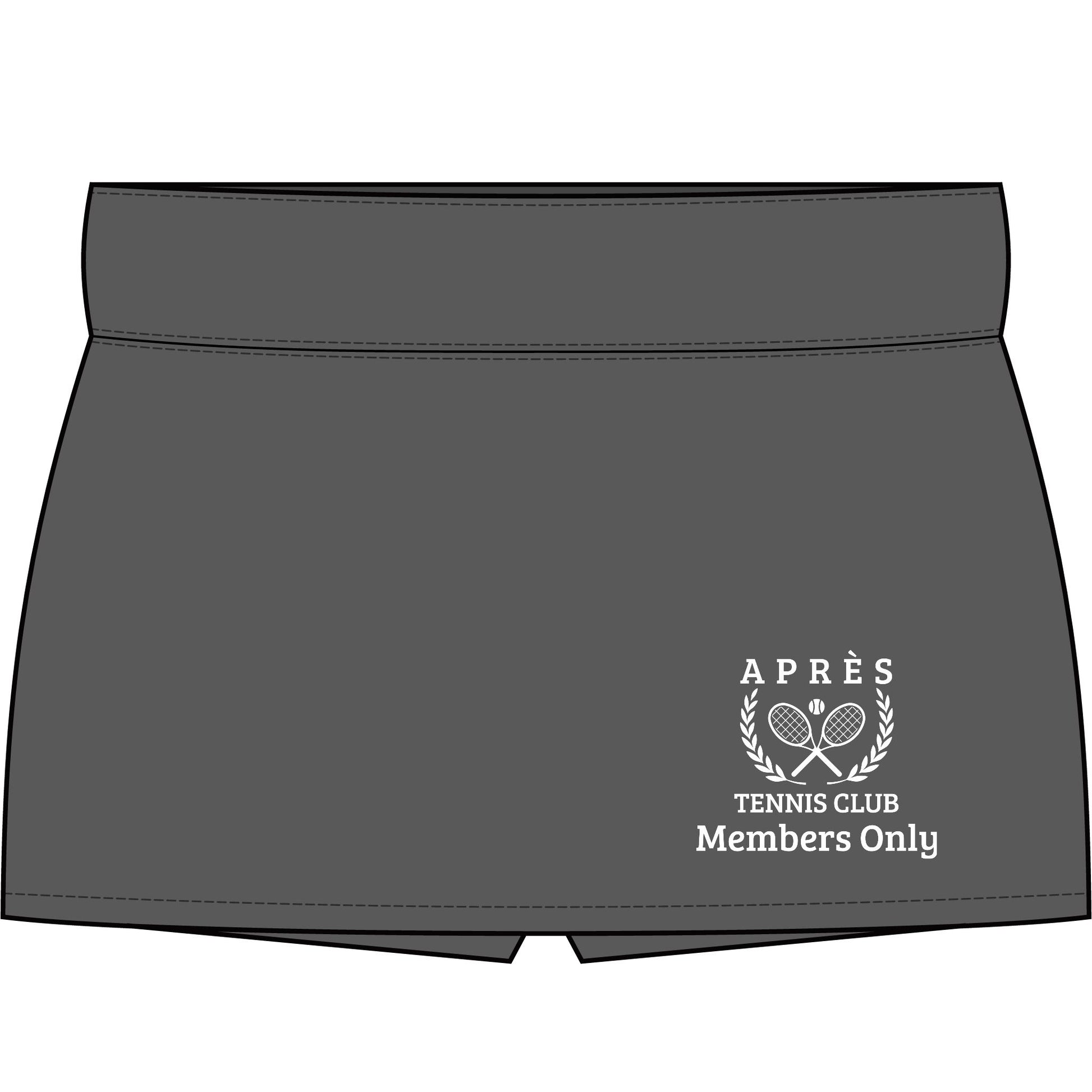 Personalized apres tennis club skort Dark gray athletic shorts with a white printed logo on the lower right that reads 'APRÈS TENNIS CLUB Members Only' with crossed rackets and laurel branches.