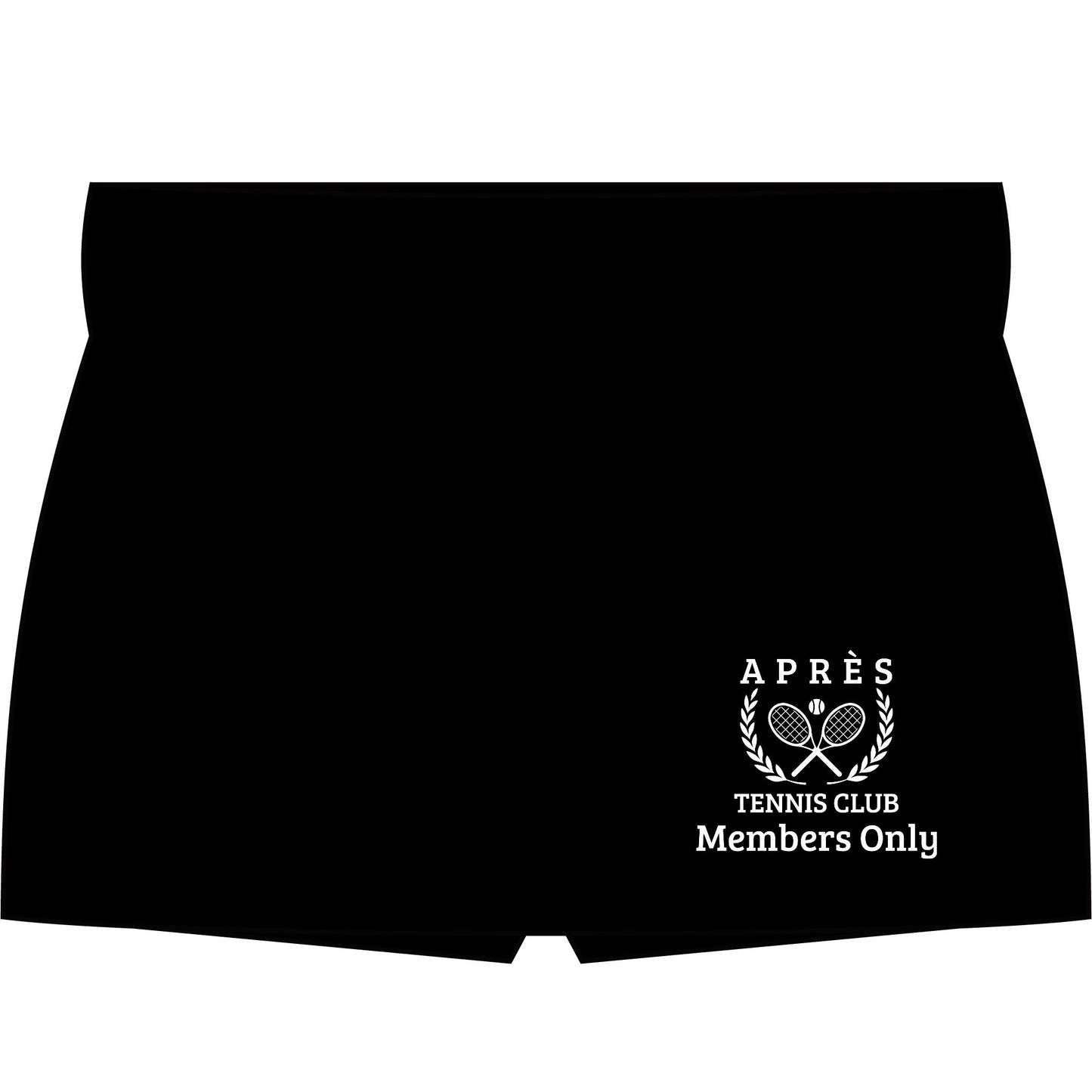 Personalized apres tennis club skort Black athletic shorts with a white printed graphic on the lower right leg that reads 'APRÈS TENNIS CLUB Members Only' with crossed tennis rackets and laurel branches.