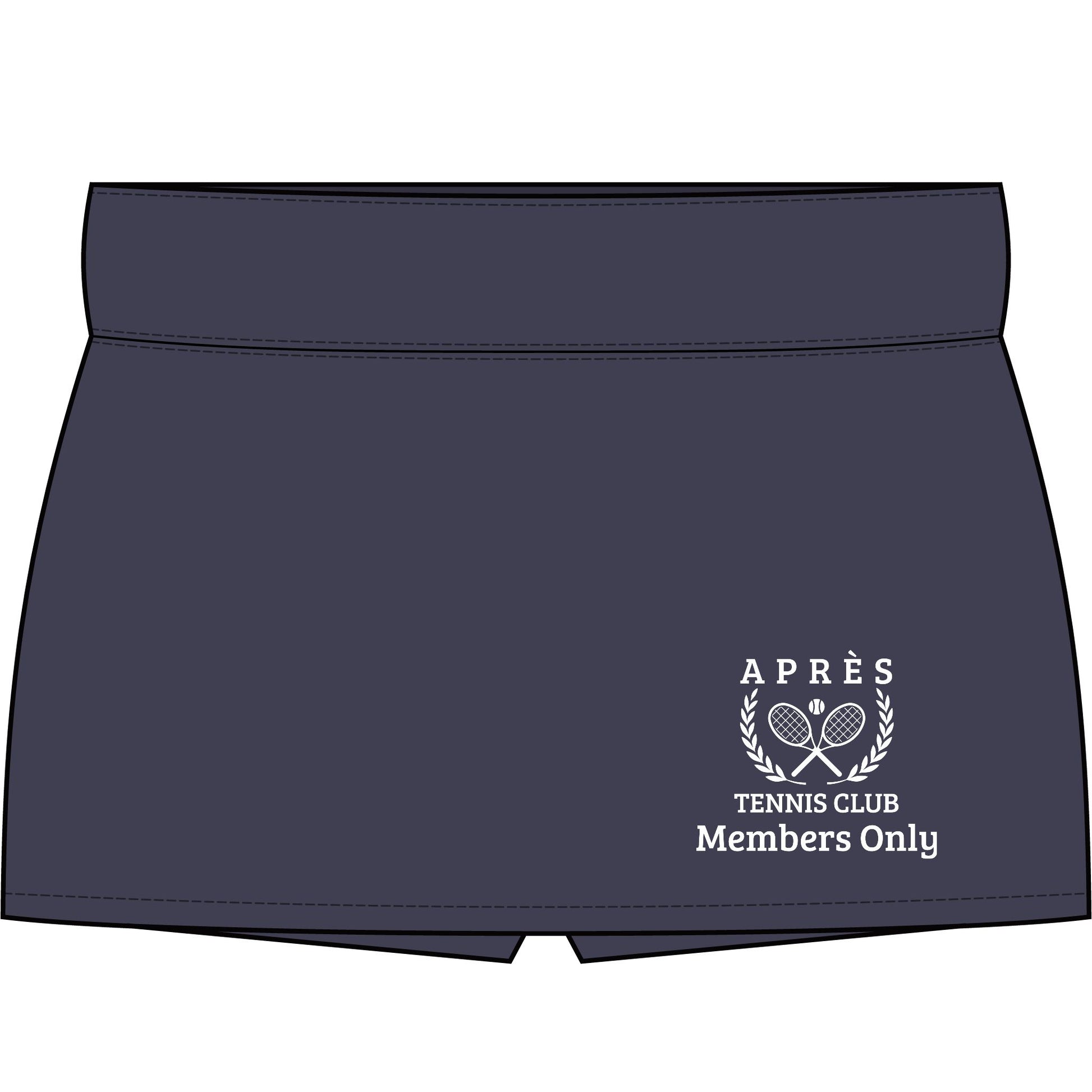 Personalized apres tennis club skort Black athletic shorts with a white printed graphic on the lower right leg that reads 'APRÈS TENNIS CLUB Members Only' with crossed tennis rackets and laurel branches.