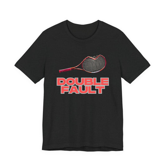 Black t-shirt with red tennis racket graphic and 'DOUBLE FAULT' text on a white background