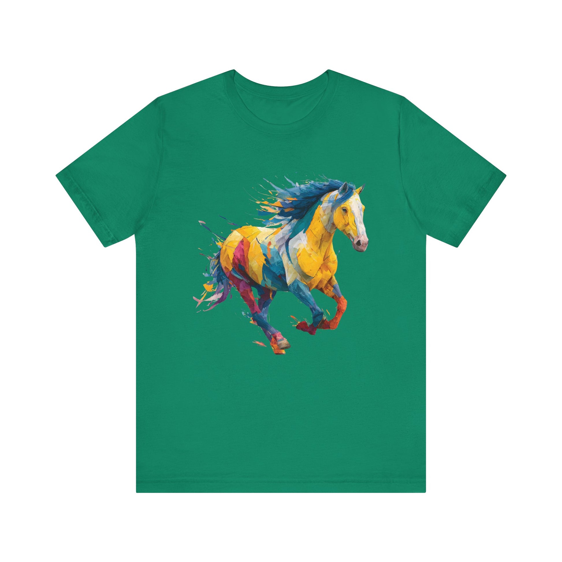 Green t-shirt with a colorful horse design on a white background