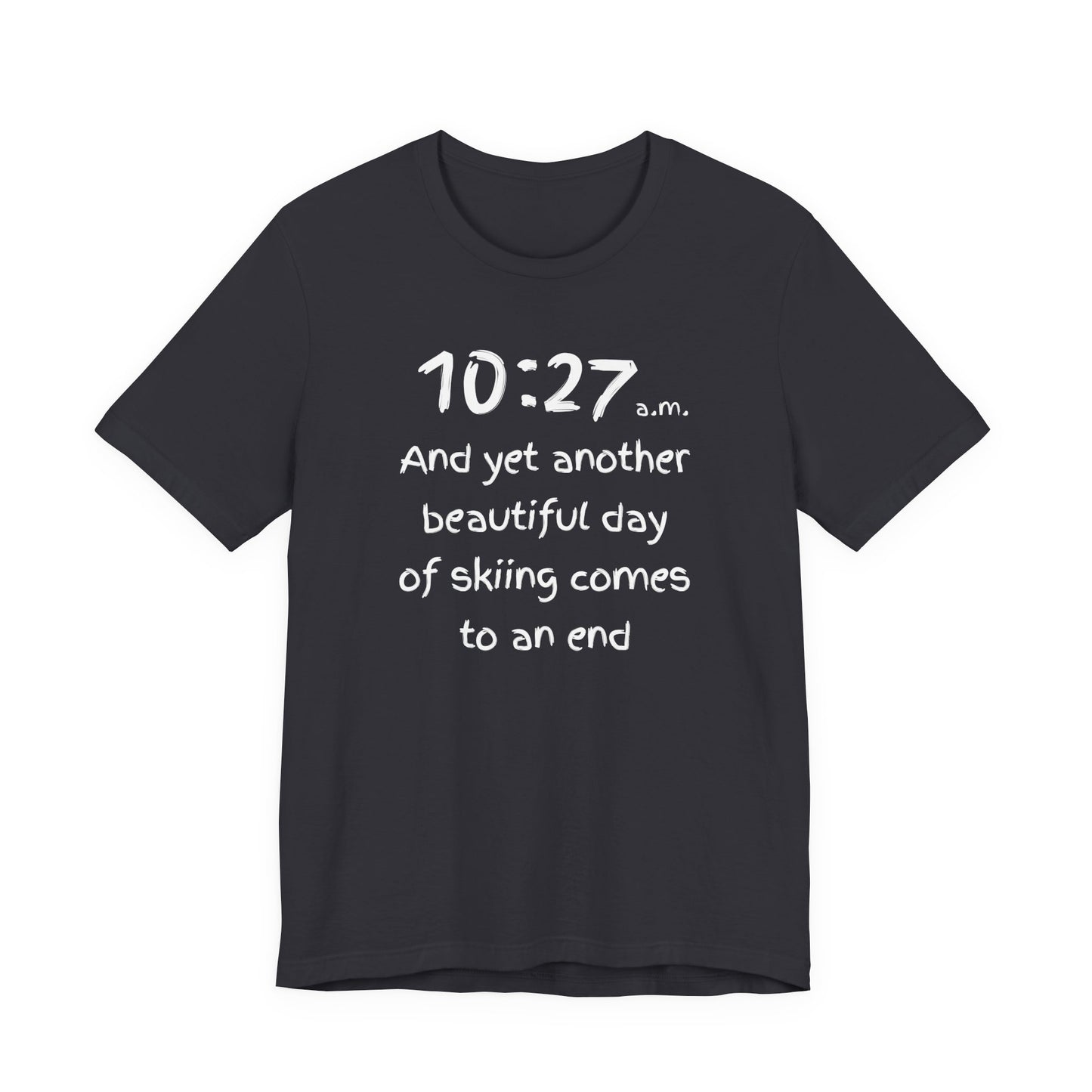 Black t-shirt with white text on a white background