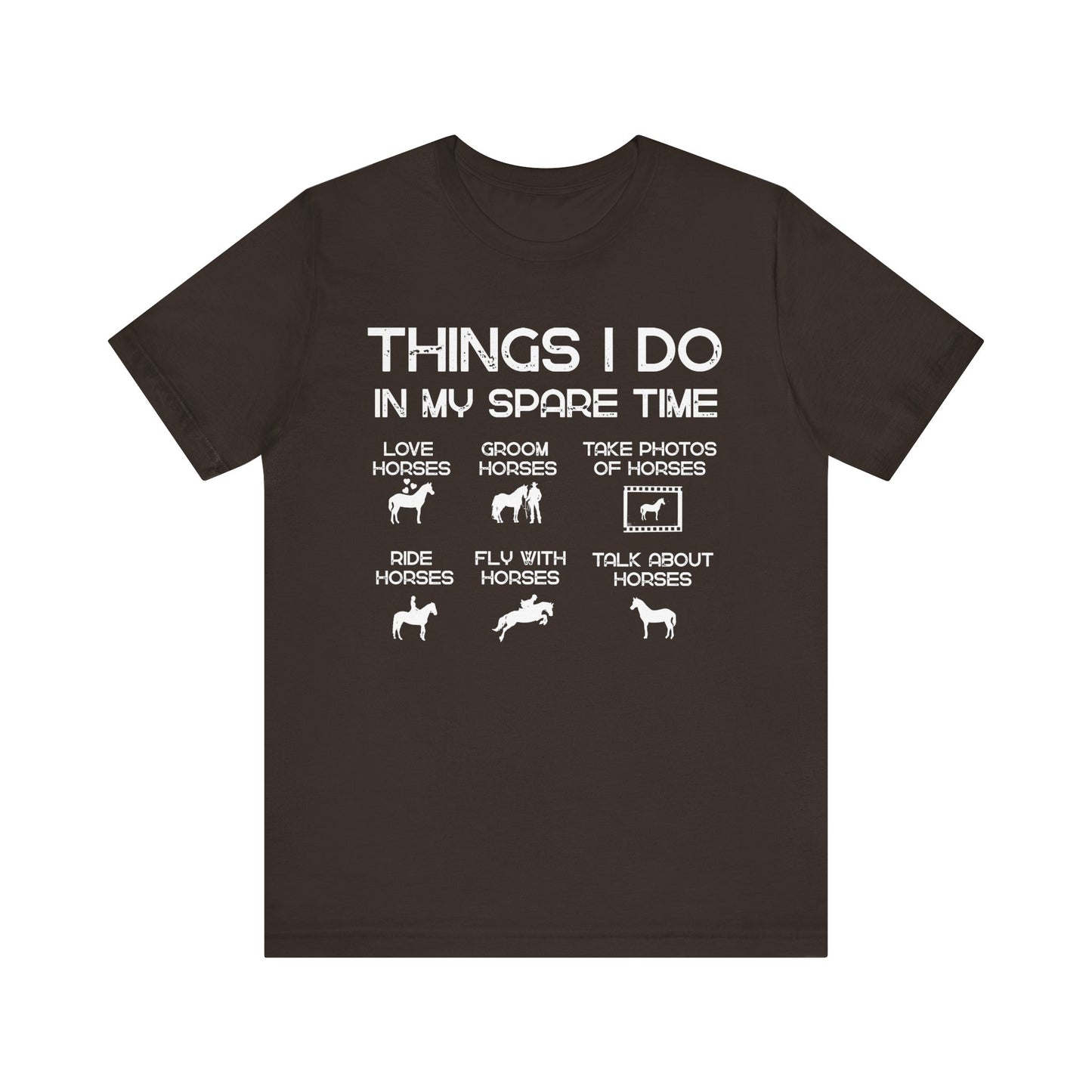 Black t-shirt with white text and horse-related graphics on a white background