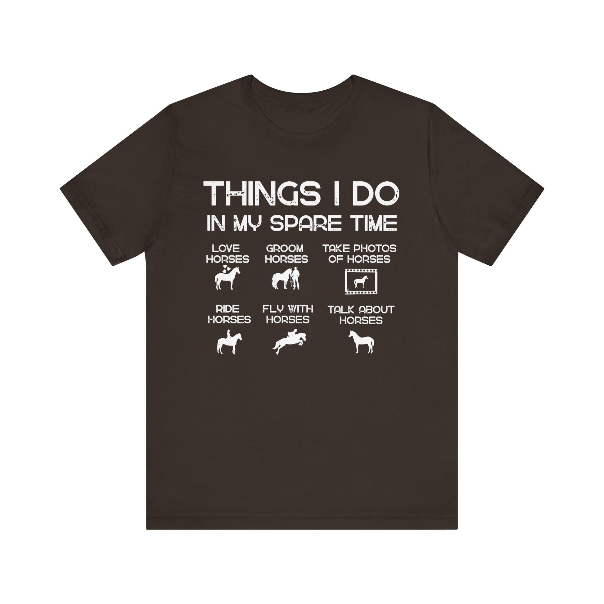 Black t-shirt with white text and horse-related graphics on a white background