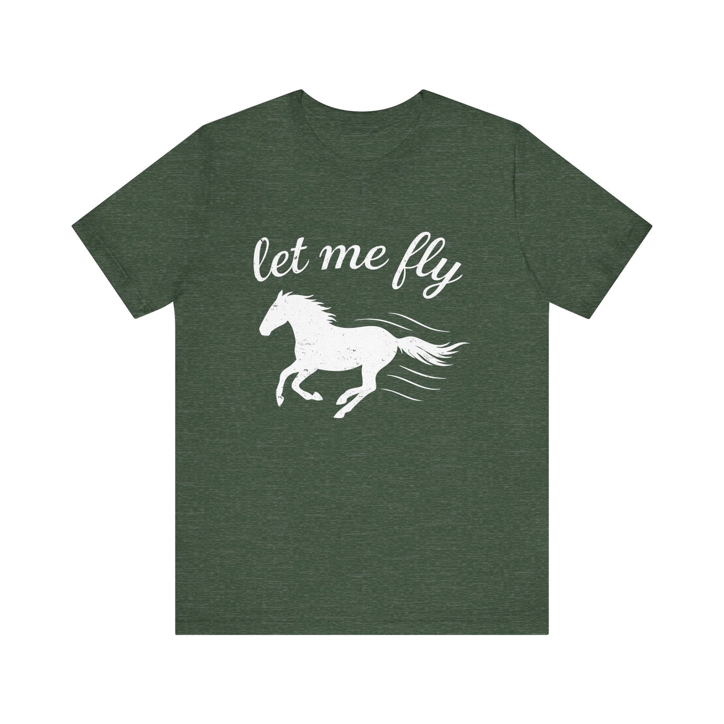 Green t-shirt with white horse graphic and 'let me fly' text on a white background