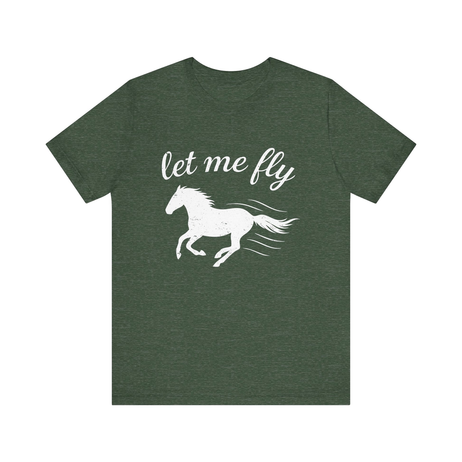 Green t-shirt with white horse graphic and 'let me fly' text on a white background