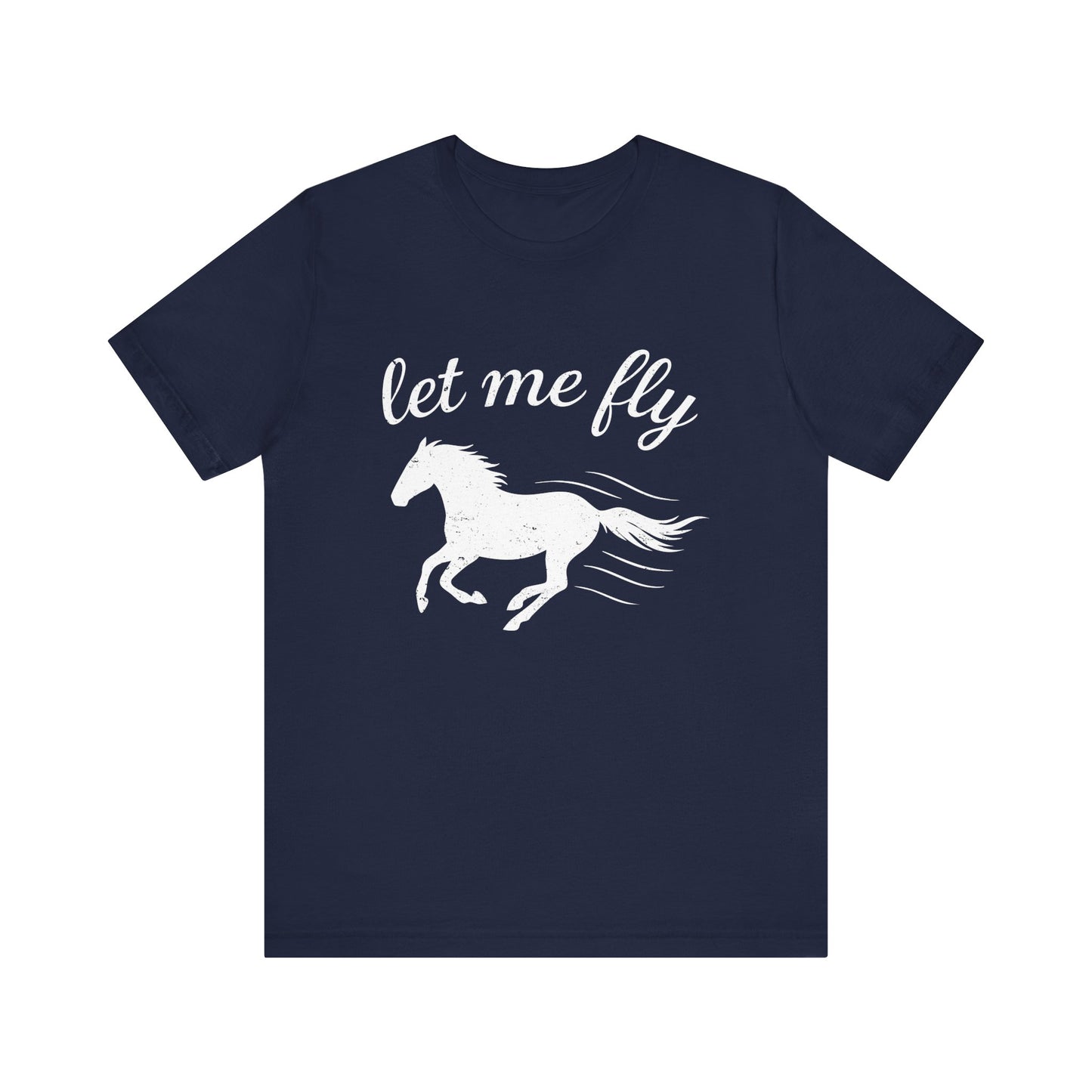 Navy blue t-shirt with white horse graphic and 'let me fly' text on a white background