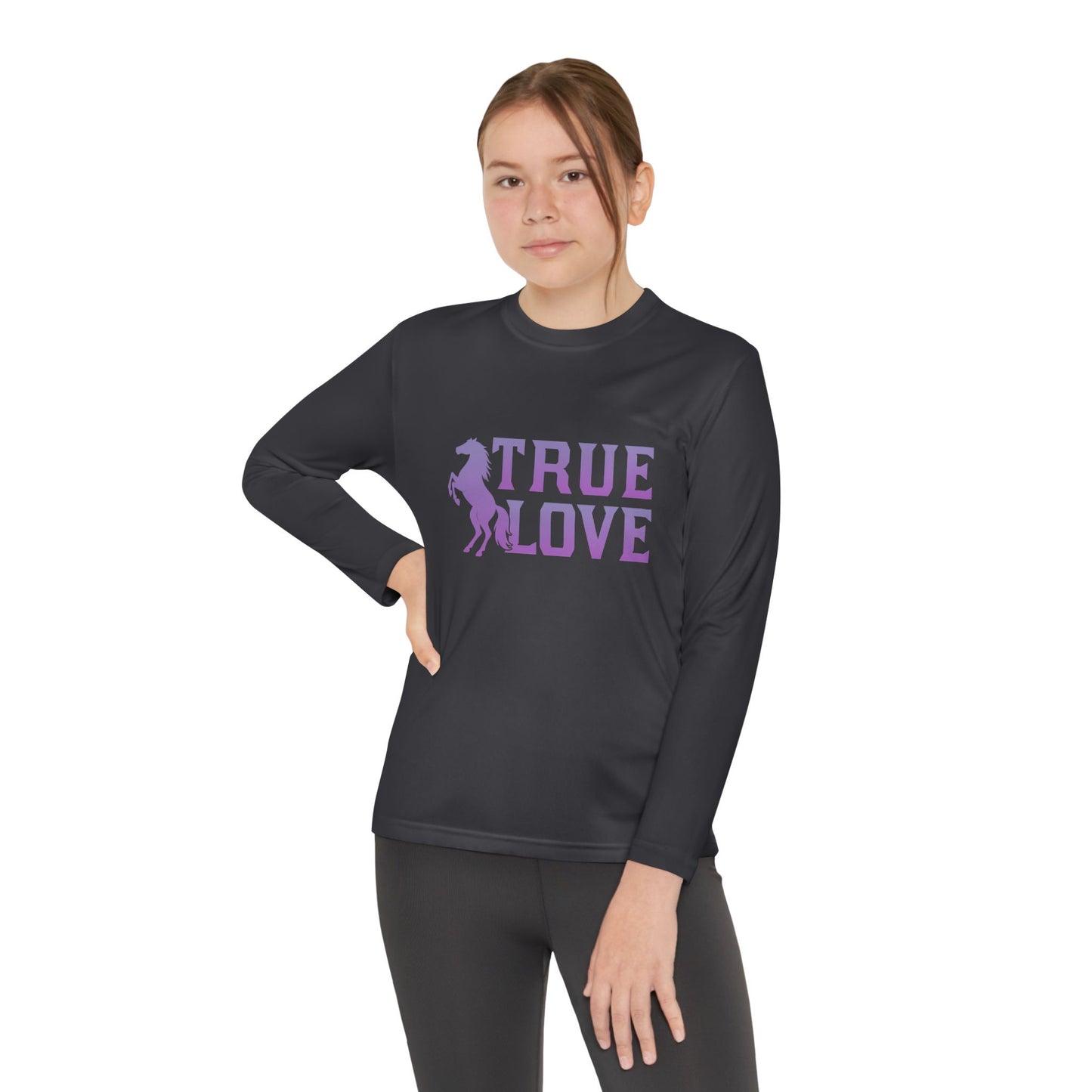 Person wearing a black long-sleeve shirt with 'TRUE LOVE' text and graphic on a white background