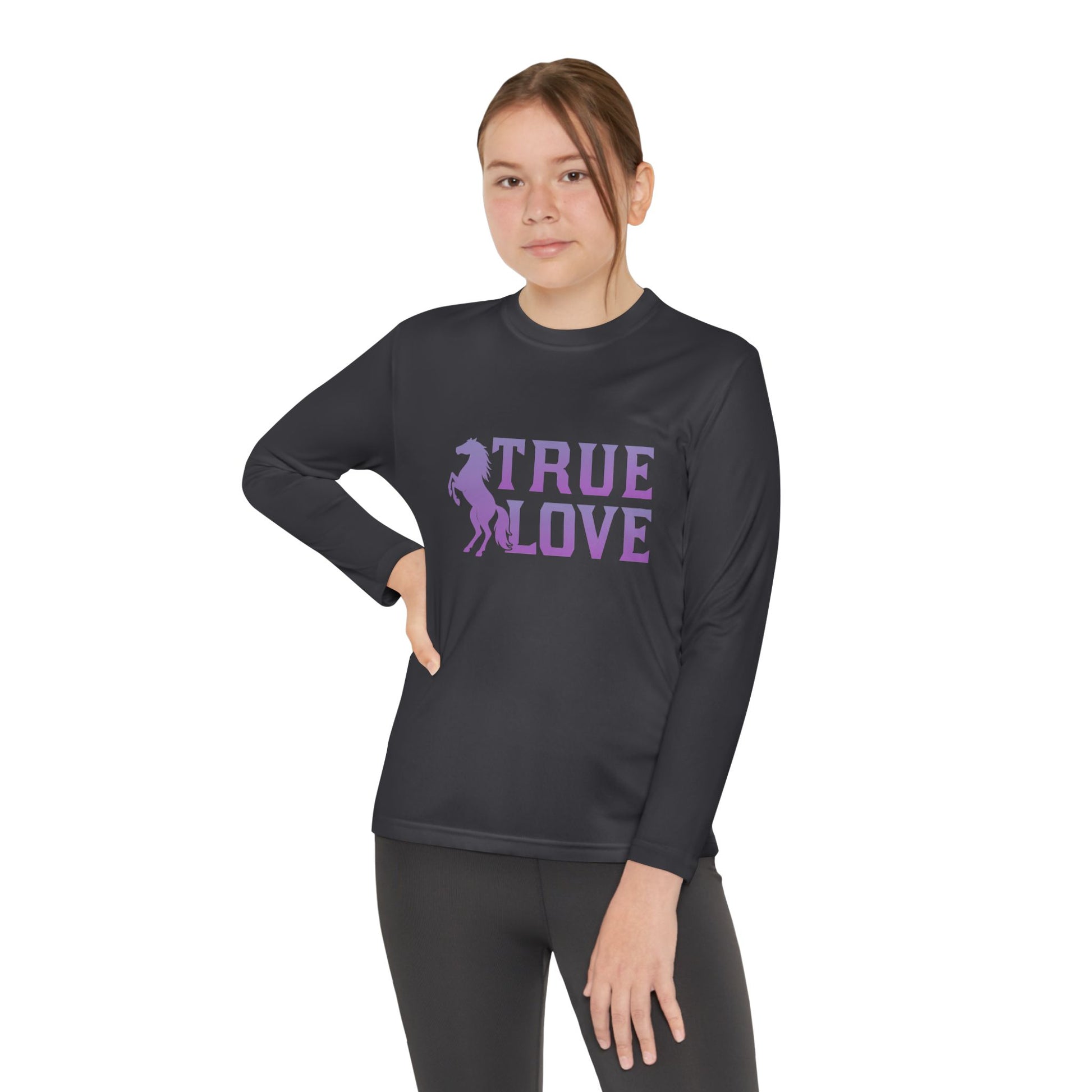 Person wearing a black long-sleeve shirt with 'TRUE LOVE' text and graphic on a white background