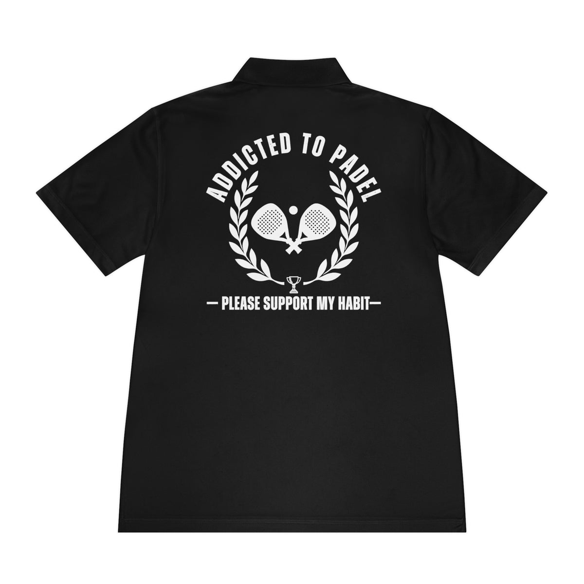 addicted to padel Black polo shirt with white text and graphics on a white background