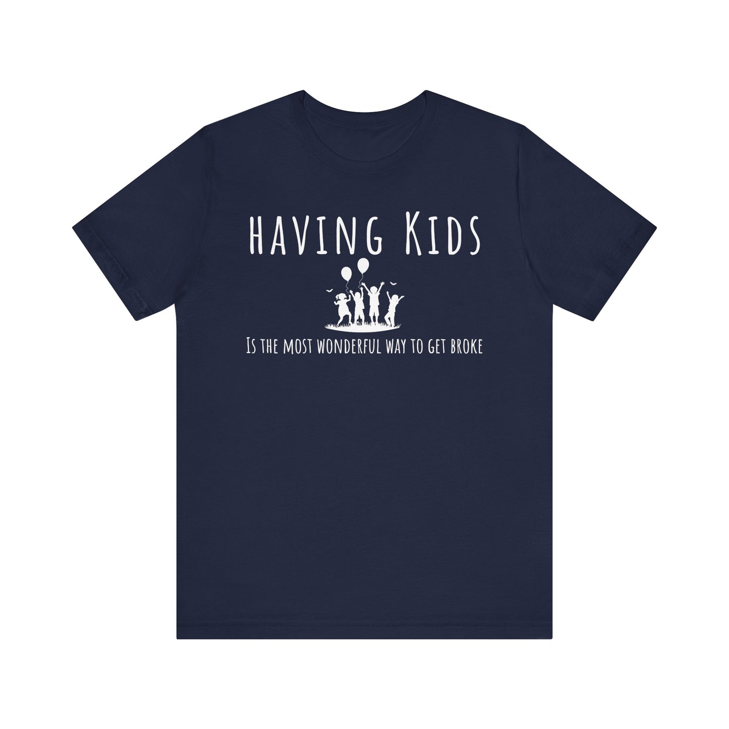 Navy blue t-shirt with white text and graphics on a white background