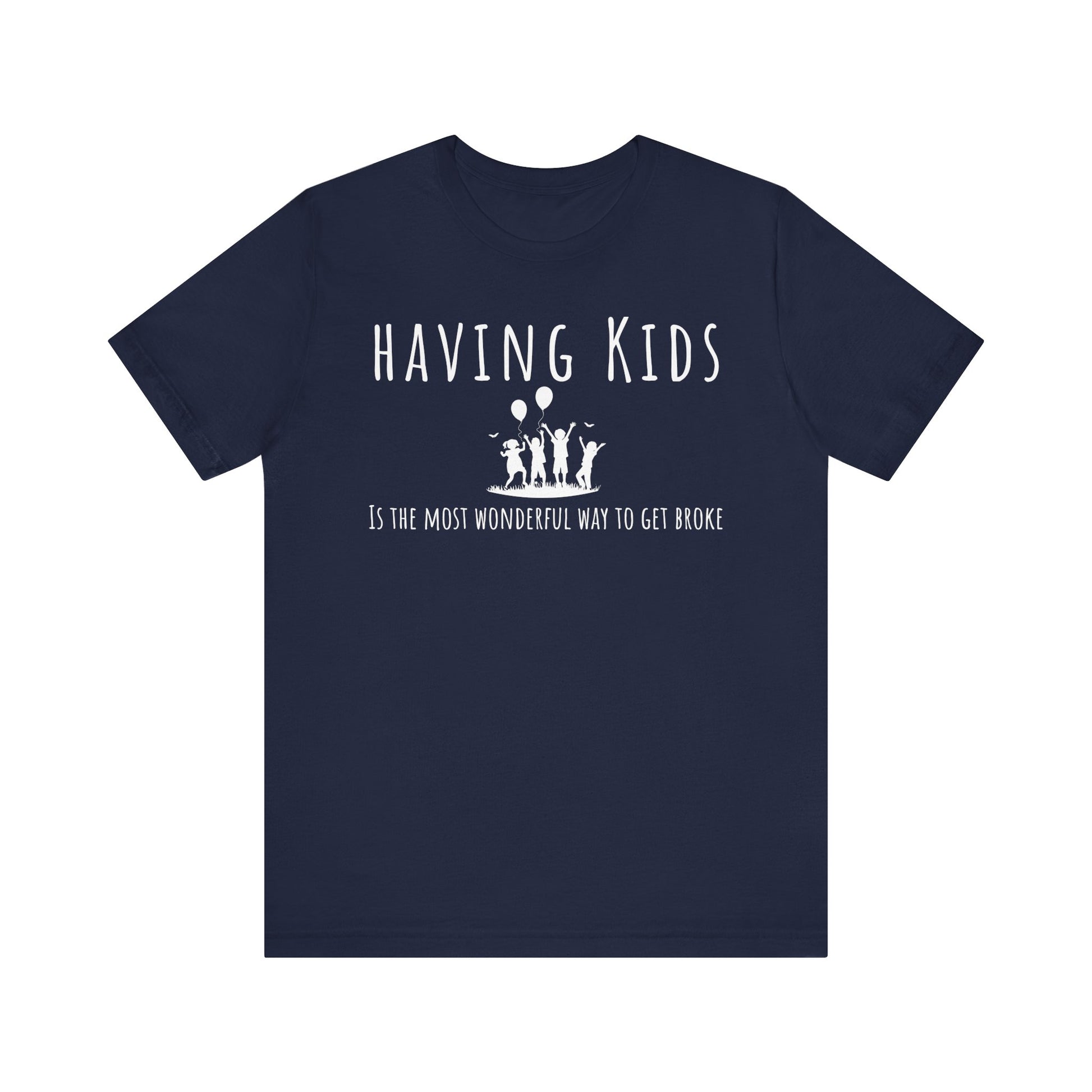 Navy blue t-shirt with white text and graphics on a white background
