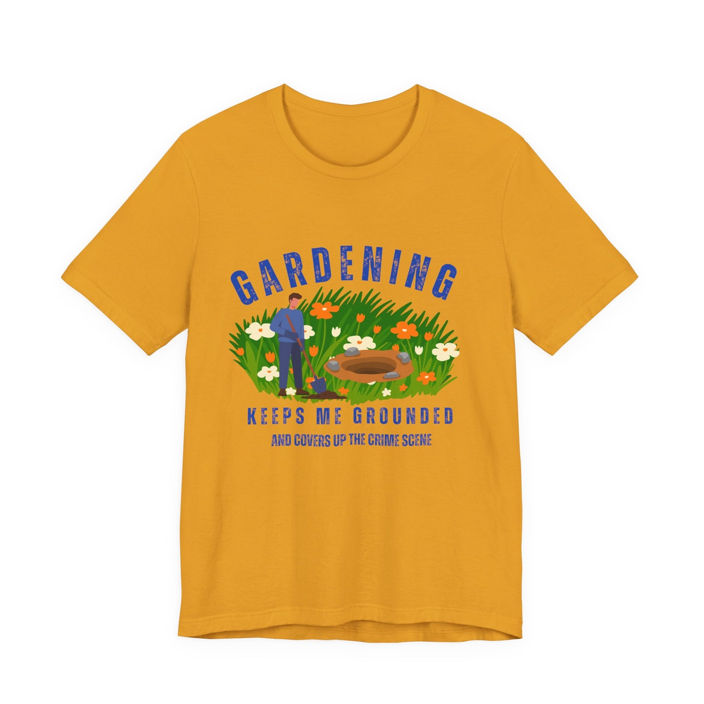 Yellow t-shirt with gardening graphic and text on a white background