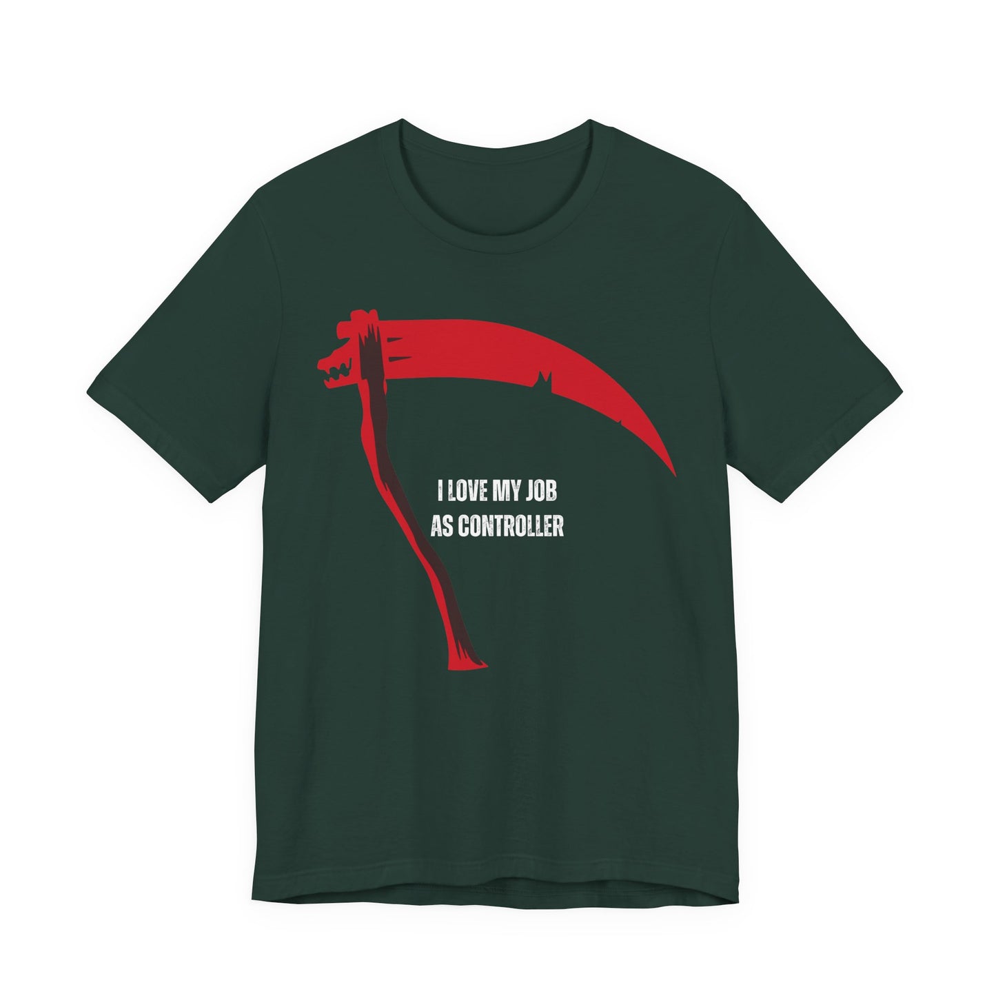 Green t-shirt with red graphic and text 'I love my job as controller' on a white background