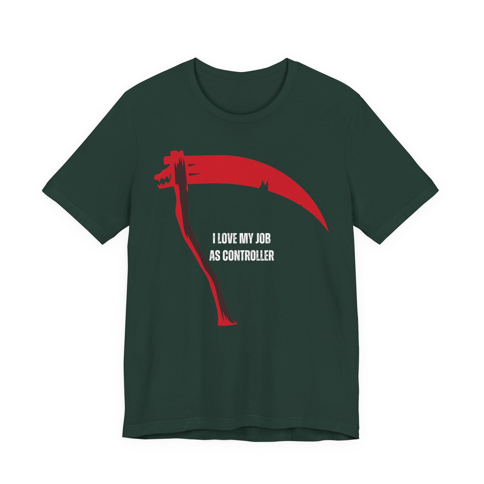 Green t-shirt with red graphic and text 'I love my job as controller' on a white background