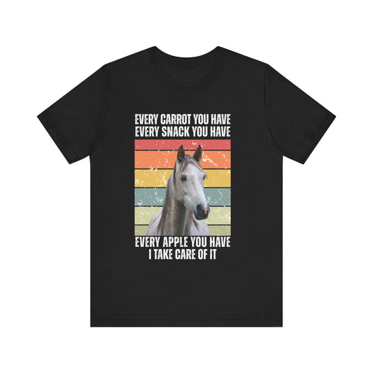 Black t-shirt with a horse graphic and humorous text on a white background