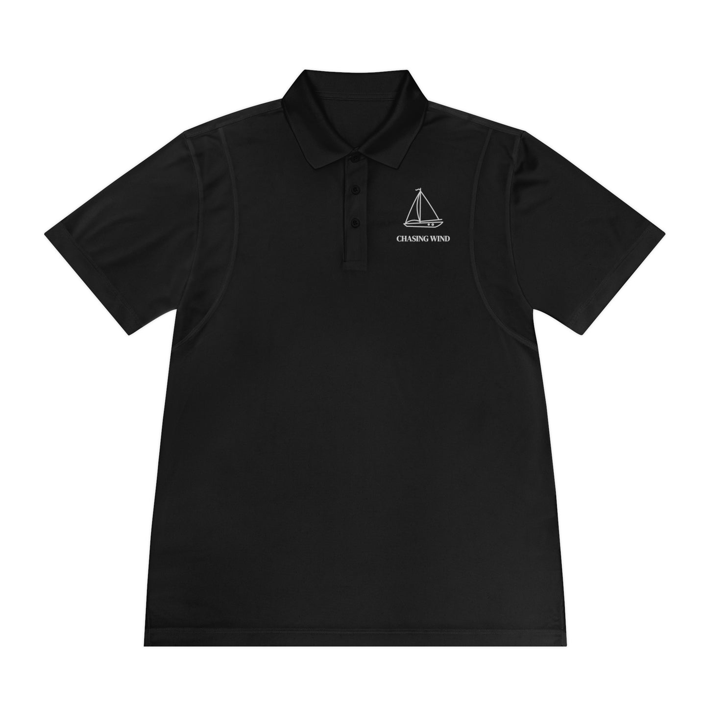 Sailing Polo Shirt Black polo shirt with a white logo on a white background