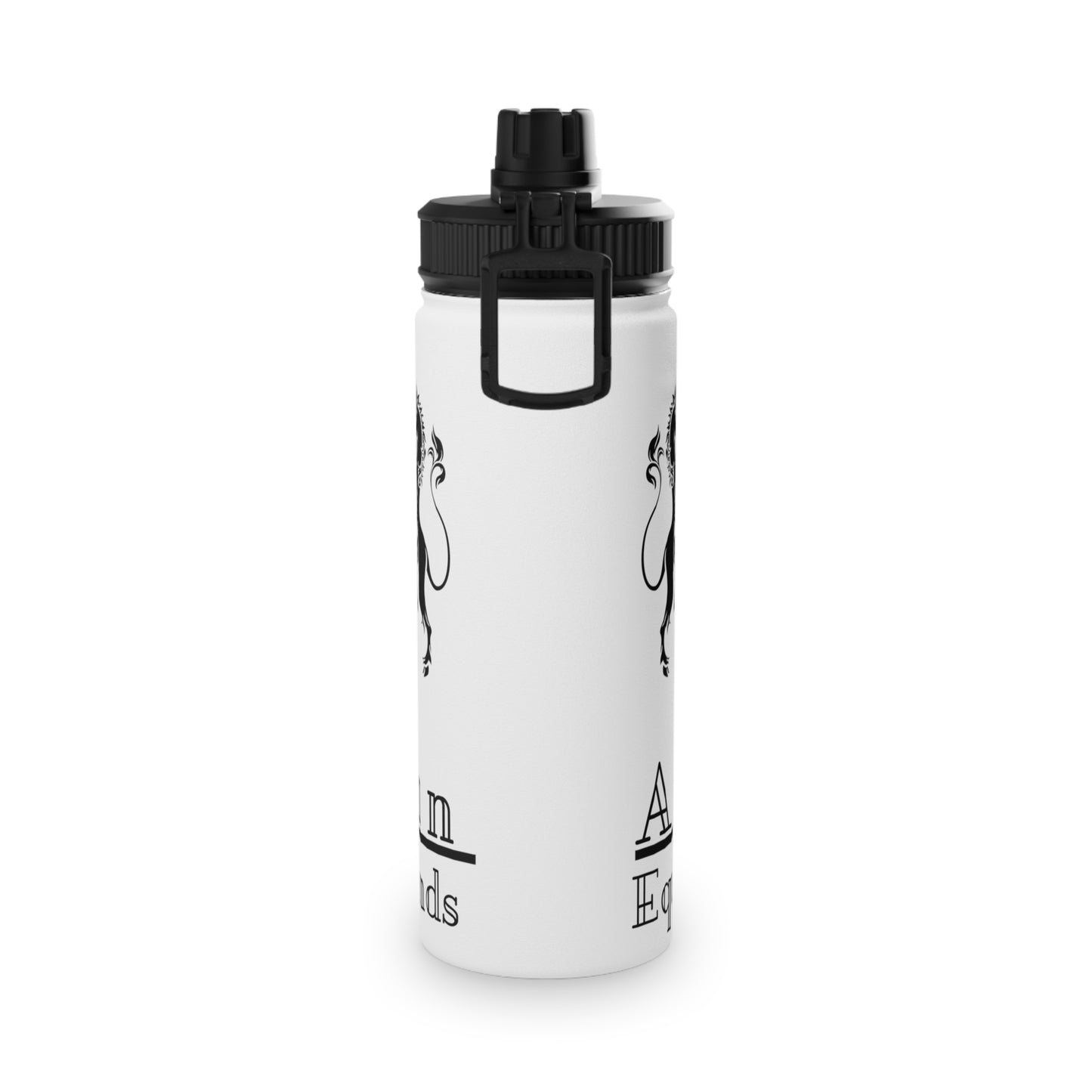 White water bottle with black cap and branding on a white background