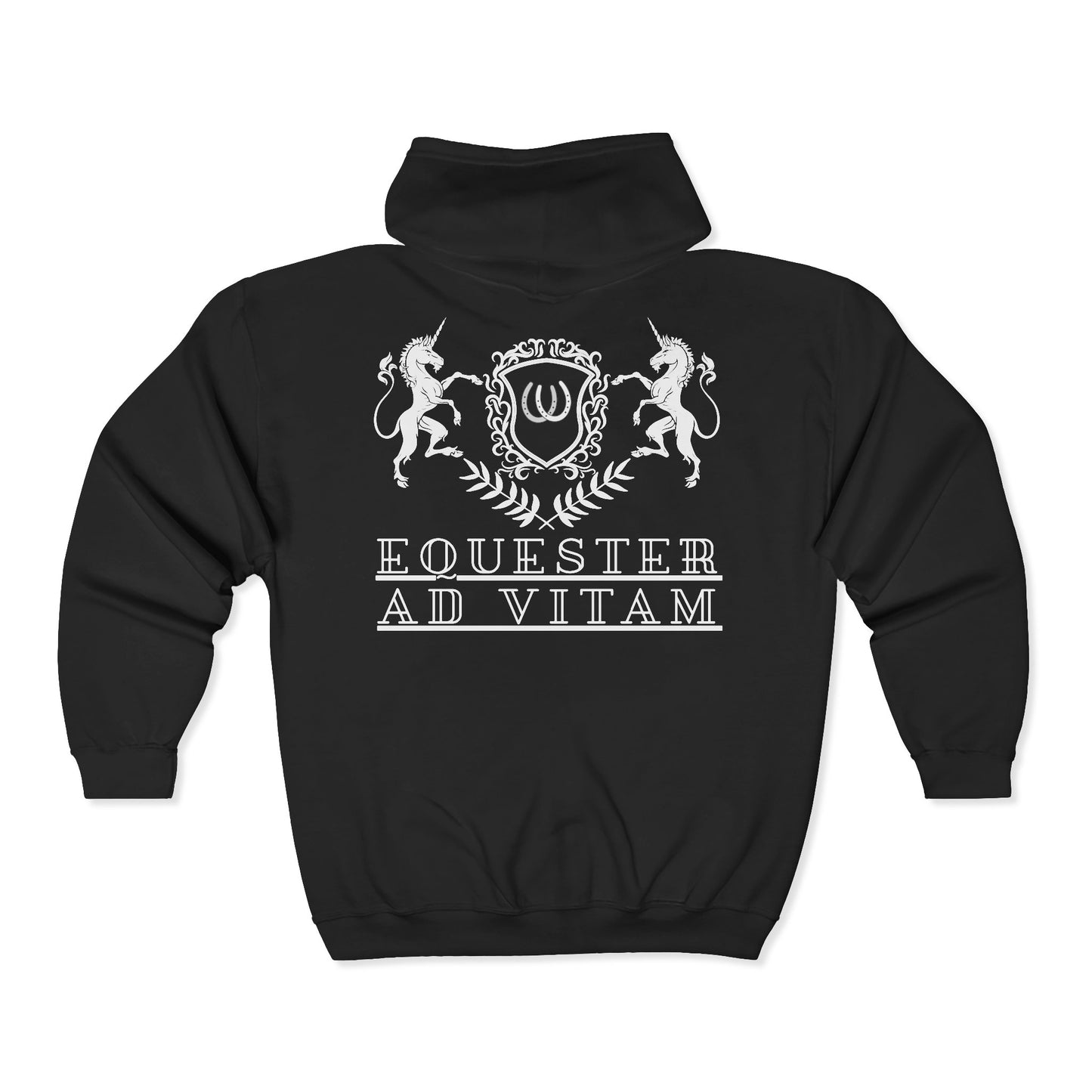 Black hoodie with white emblem and text on a white background