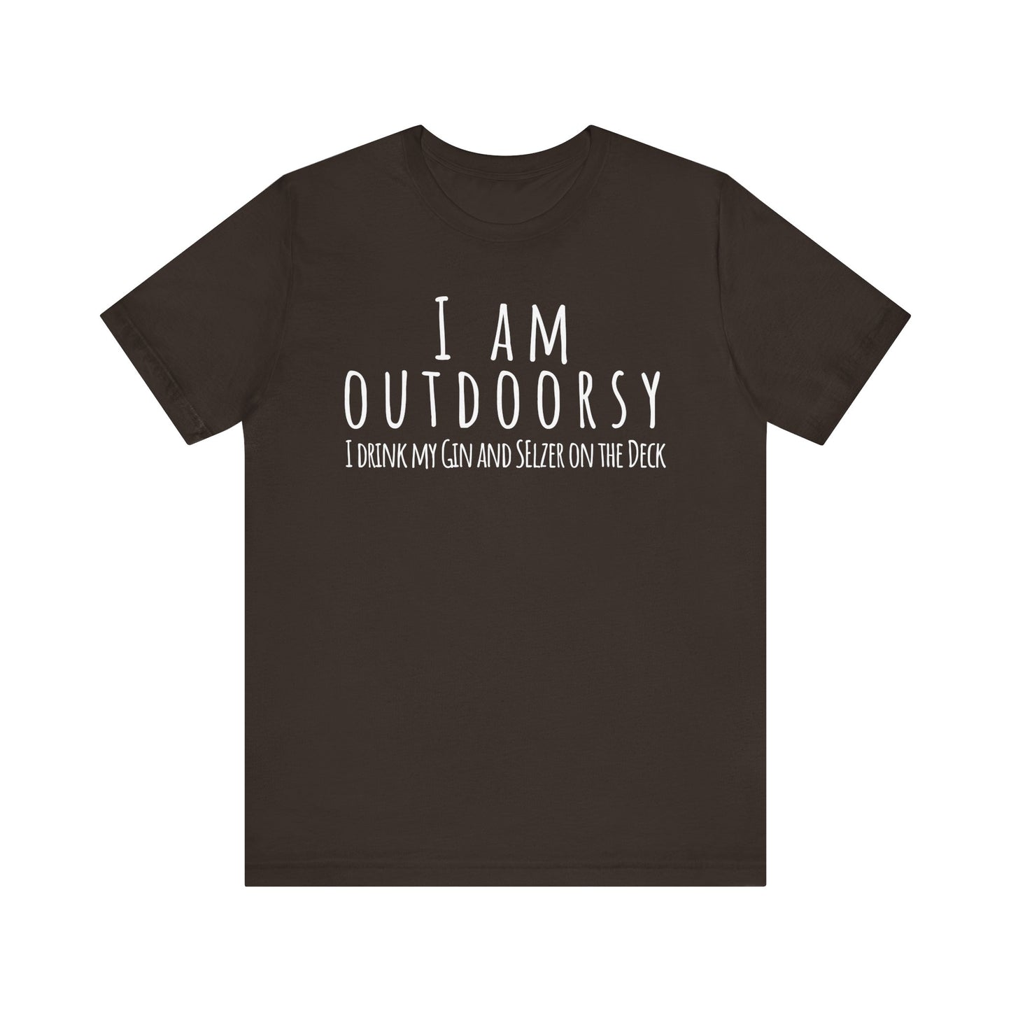 Brown t-shirt with white text on a white background