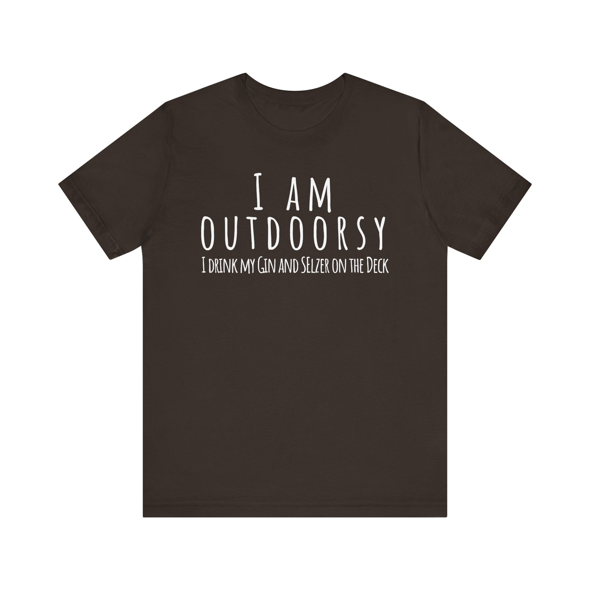 Brown t-shirt with white text on a white background