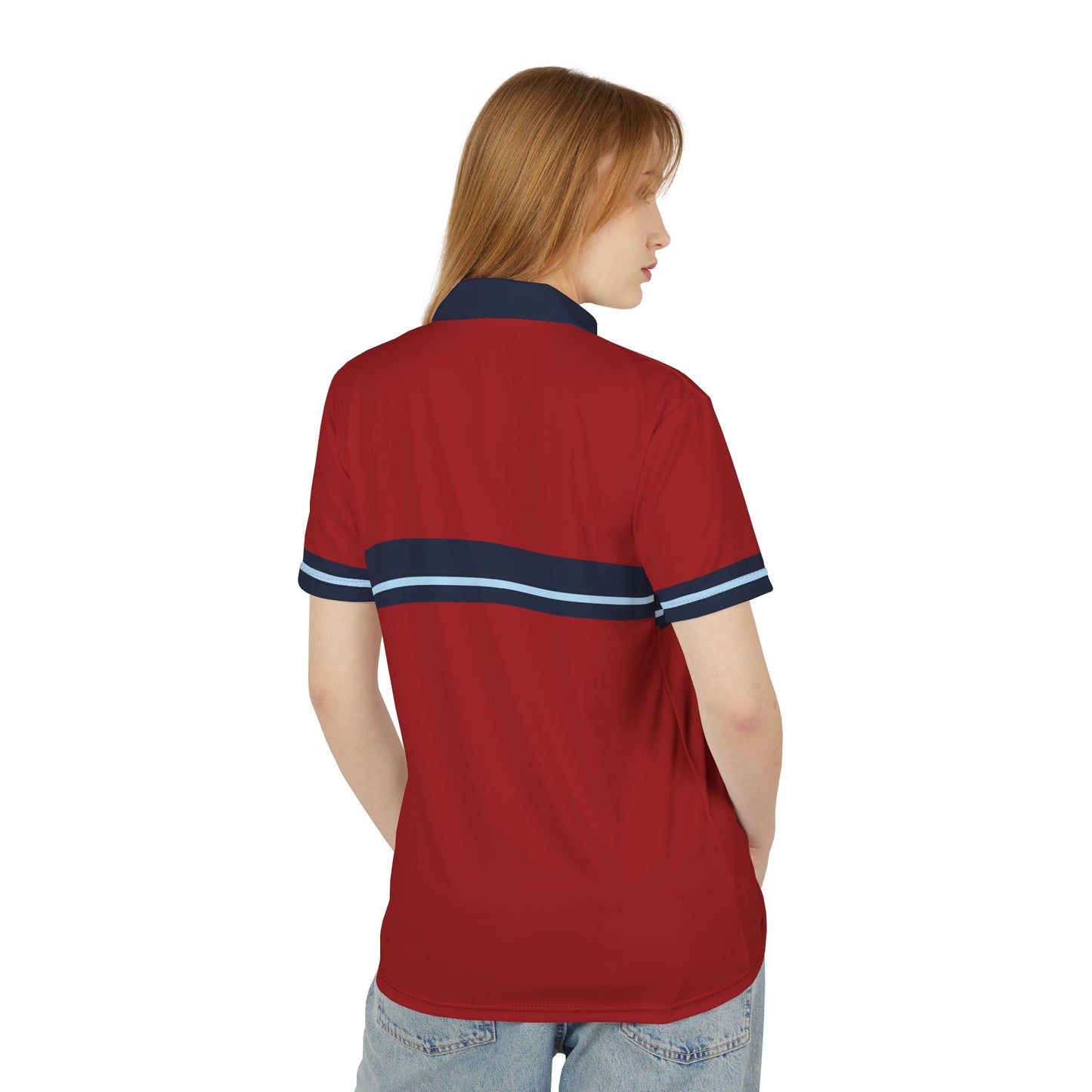 Red Tennis Polo Shirt Red polo shirt with blue and white stripes worn by a person on a white background