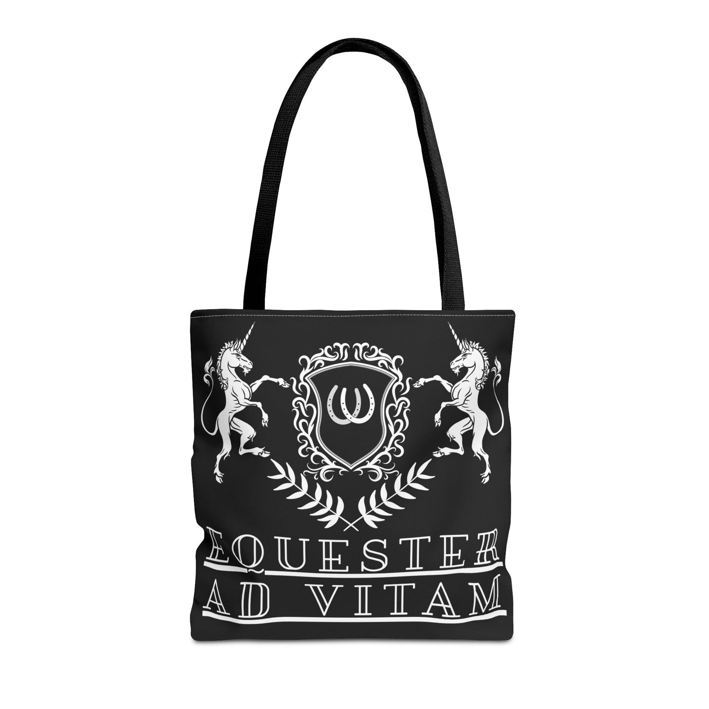 Black tote bag with white emblem and text on a white background