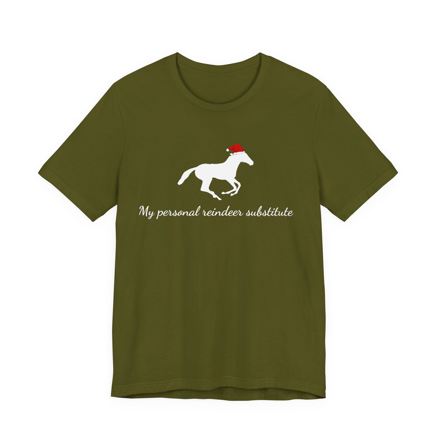 Green t-shirt with a horse wearing a red Santa hat and text on a white background