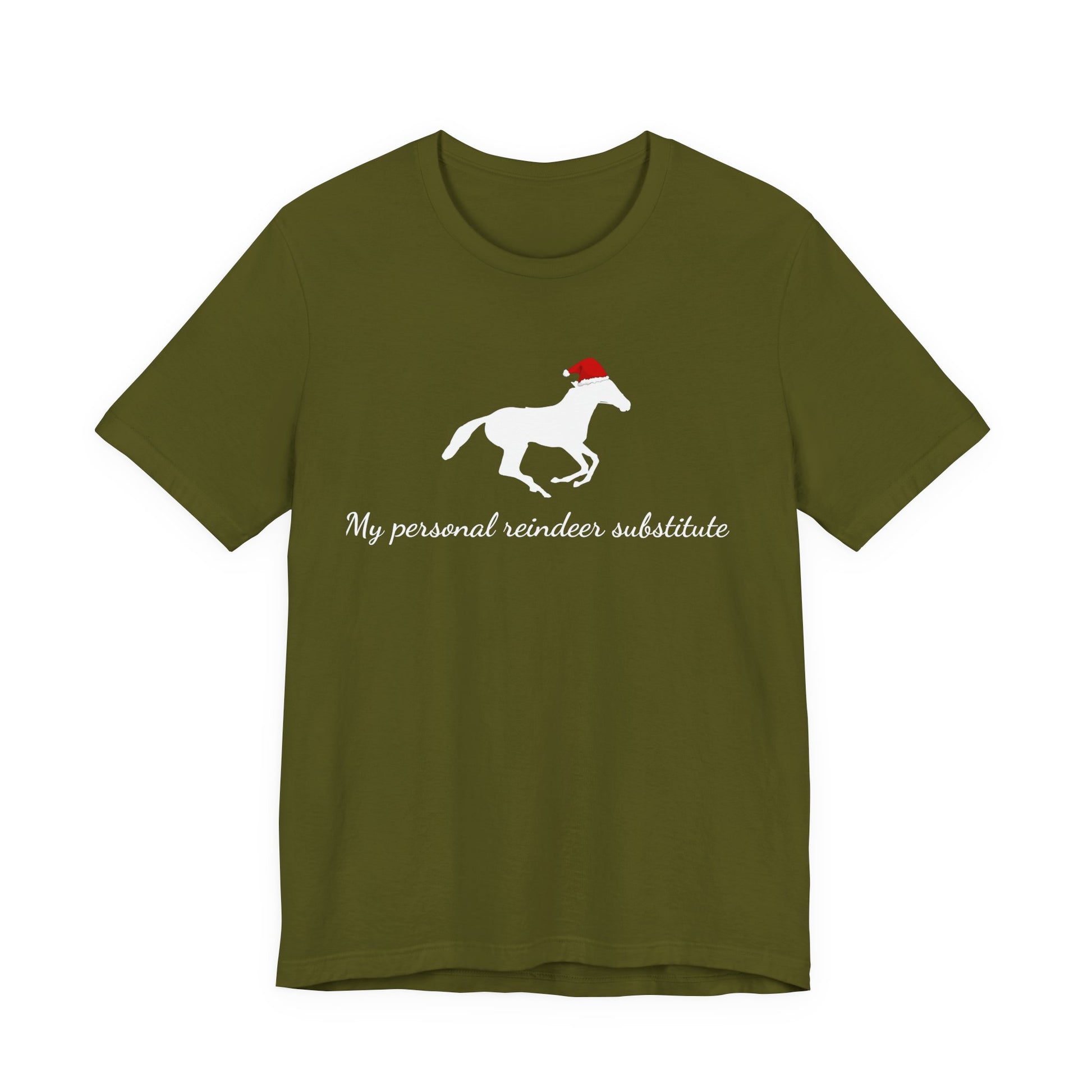 Green t-shirt with a horse wearing a red Santa hat and text on a white background