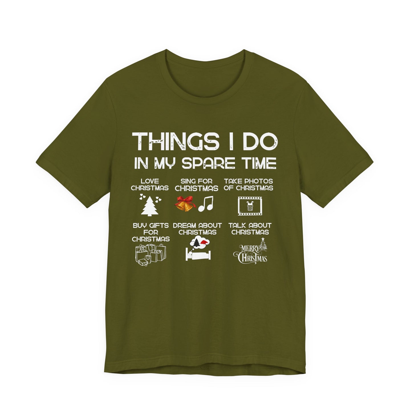 Green t-shirt with Christmas-themed text and icons on a white background