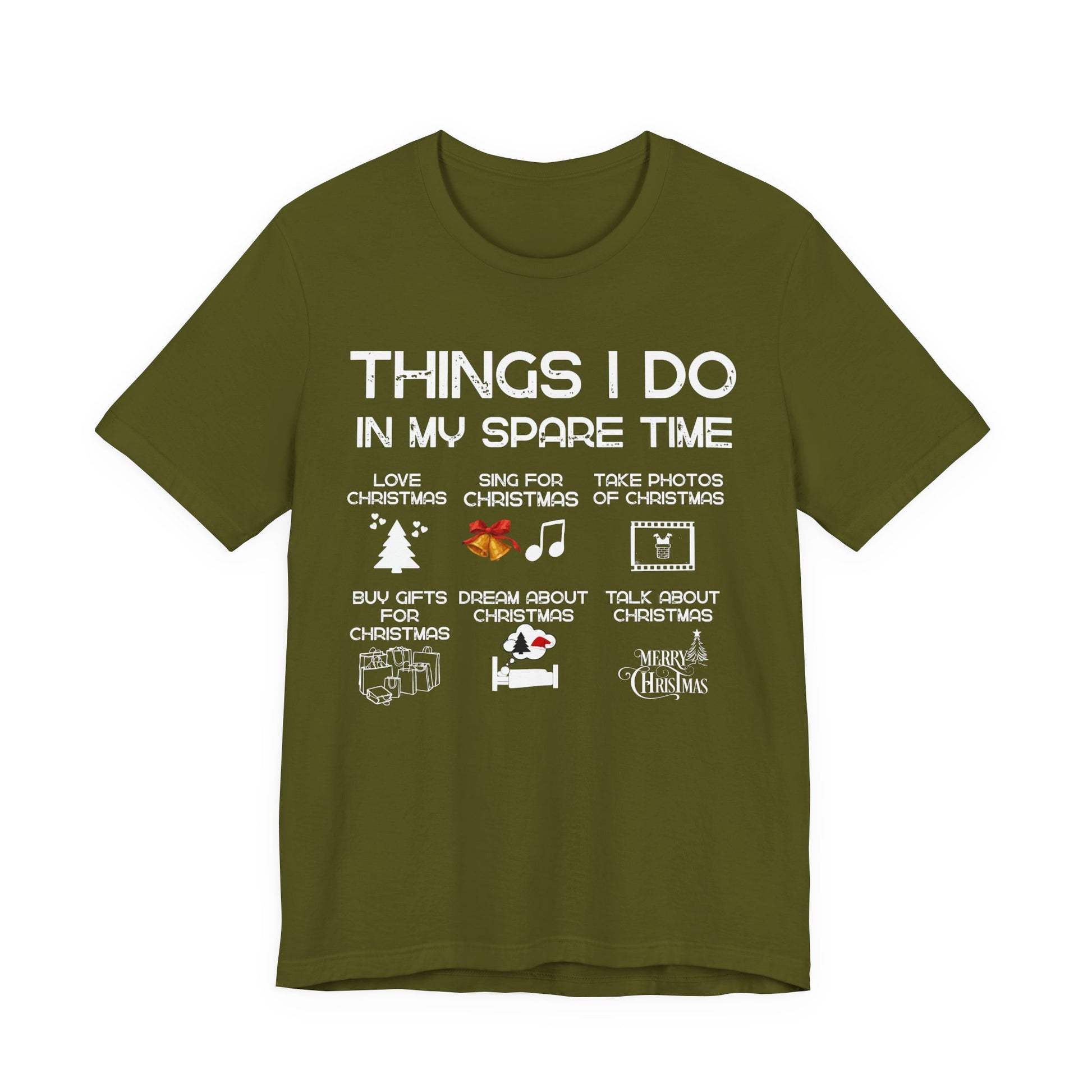 Green t-shirt with Christmas-themed text and icons on a white background