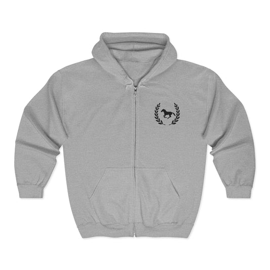 Gray zip hoodie with a logo on the chest against a white background