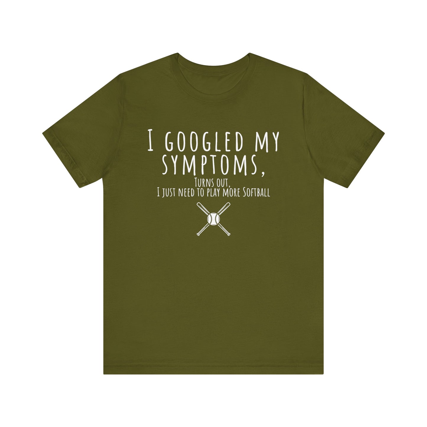 Green t-shirt with humorous text and softball graphics on a white background